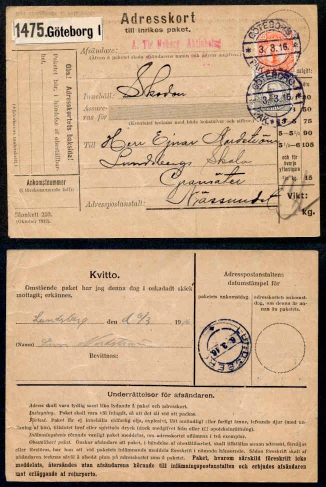 SWEDEN 1916 PARCEL CARD