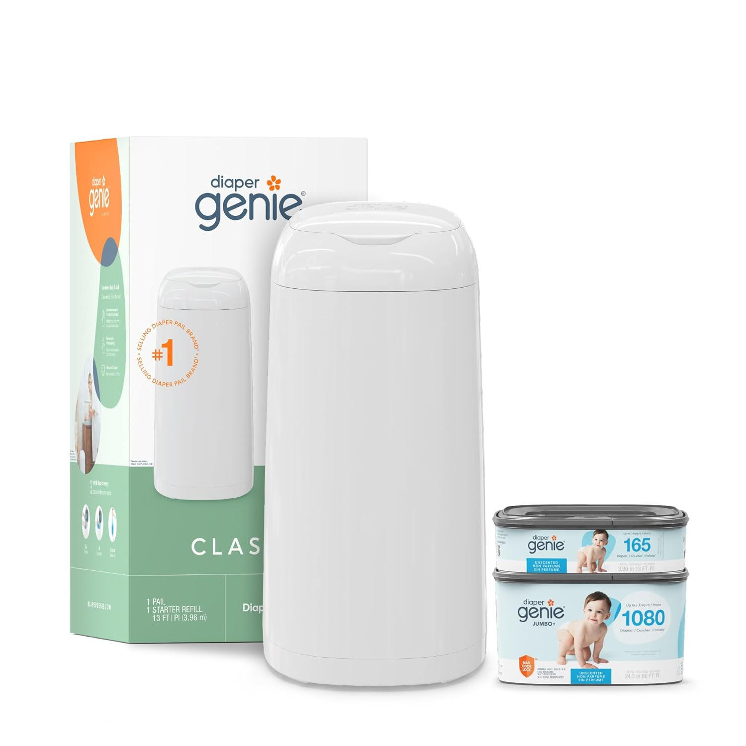 Classic Diaper Pail Gift Set | Push-N-Lock Odor Control | Includes Starter Refil