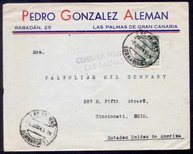 SPAIN 1945 CANARY ISLANDS CENSOR TO USA