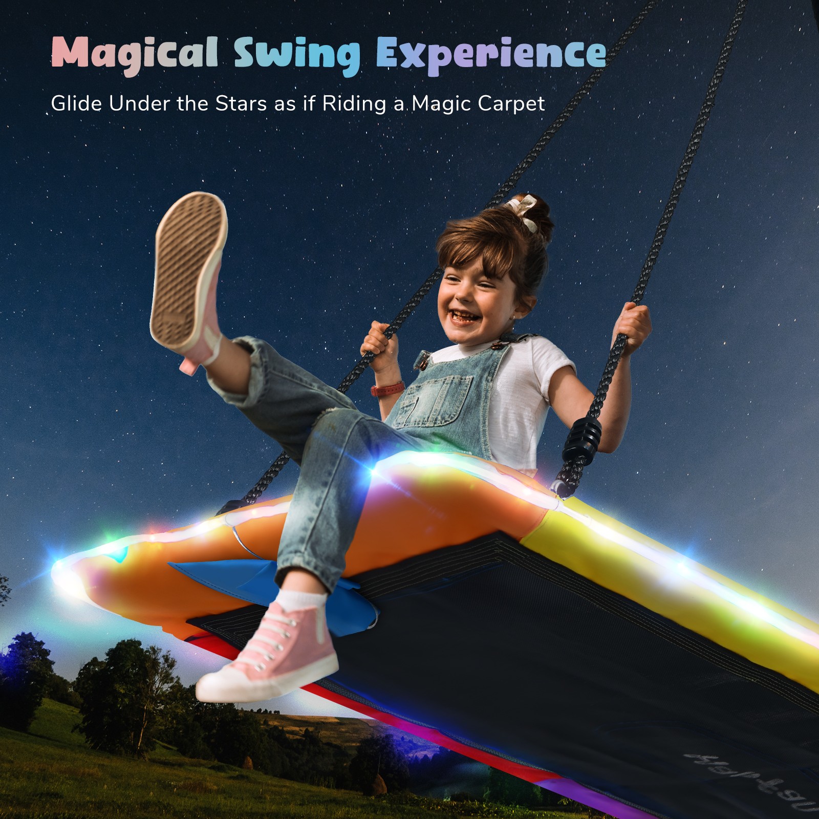 60" Tree Swing Set Platform Flying Bed Outdoor LED Light Waterproof w/ 2 Straps