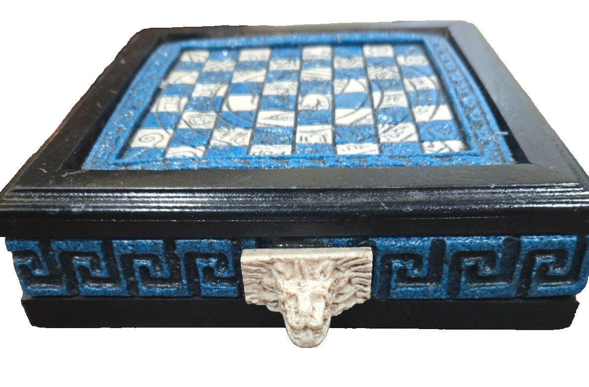 Vintage Miniature Aztec Chess Set Board  Game Board Pieces  8" x 8" White Blue