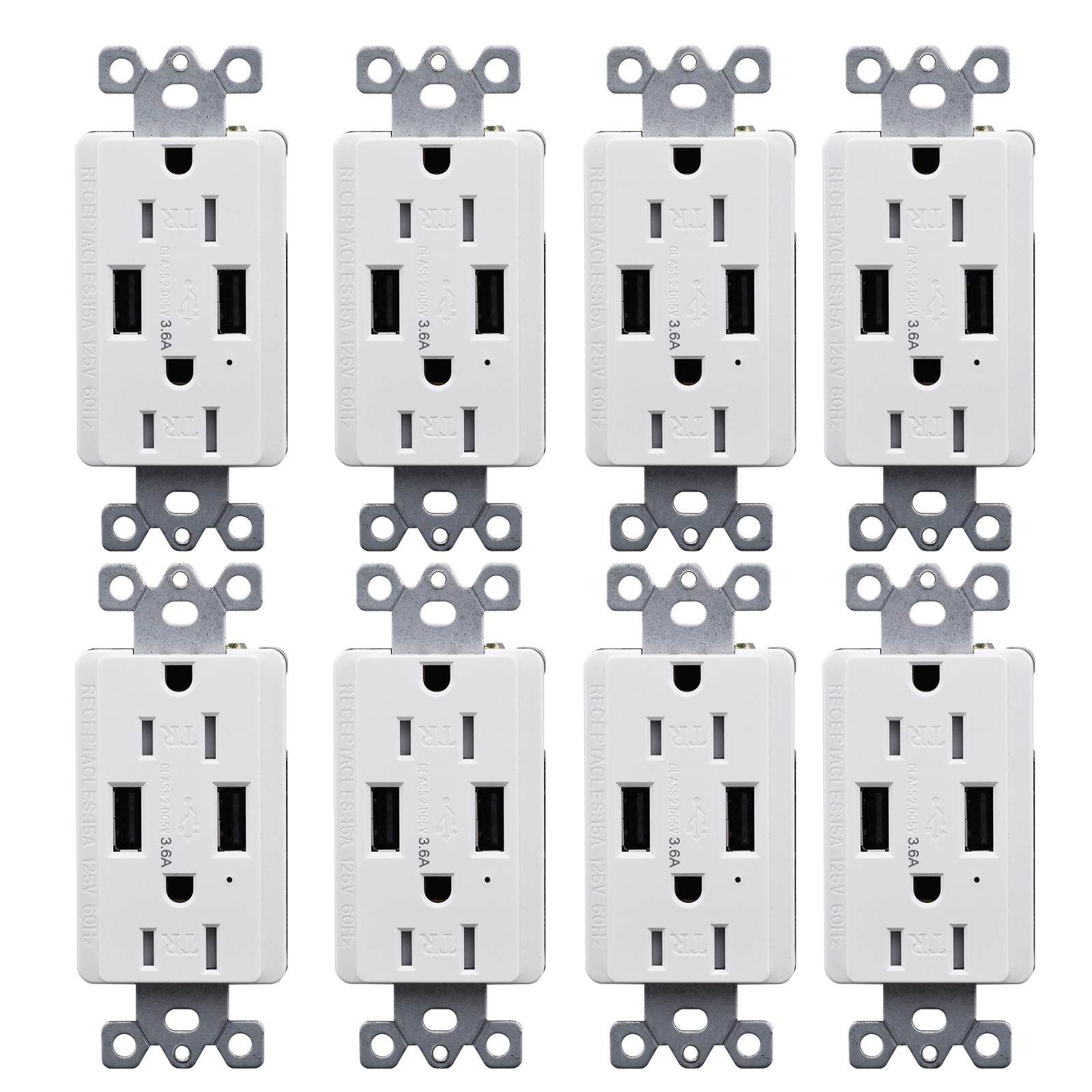 8PK 3.6A USB Power Outlet Tamper Resistant Decorator receptacle With Smart Chip