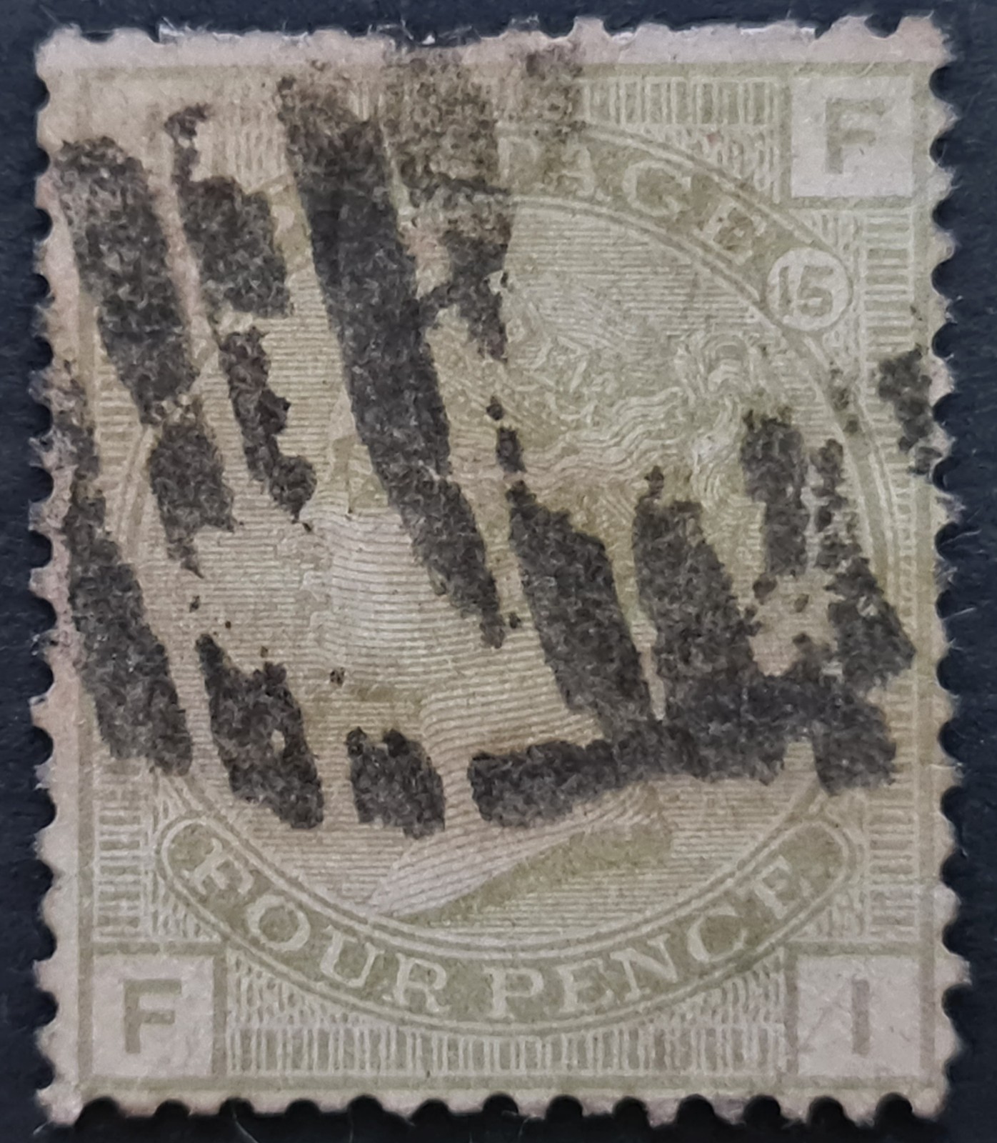GB QV SG153 4d sage-green Plate15 Letters F-I used stamp #S293#