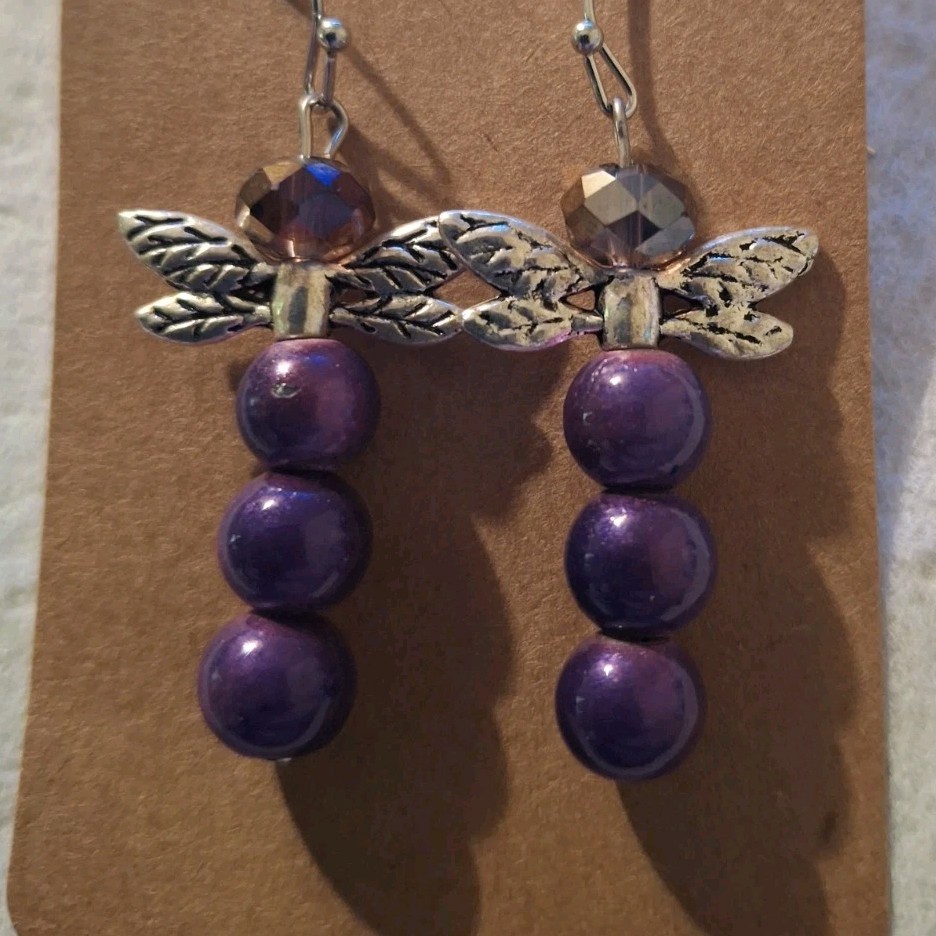 Handcrafted Dragonfly Glass Beaded Dangle Earrings Silver Plated Purple Women