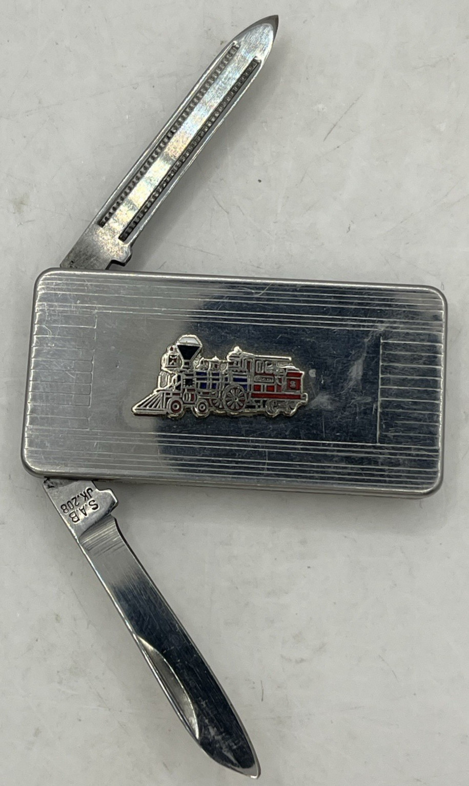 70s Money Clip w/Folding Knife & Nail File Imperial Stainless USA & Train Emblem