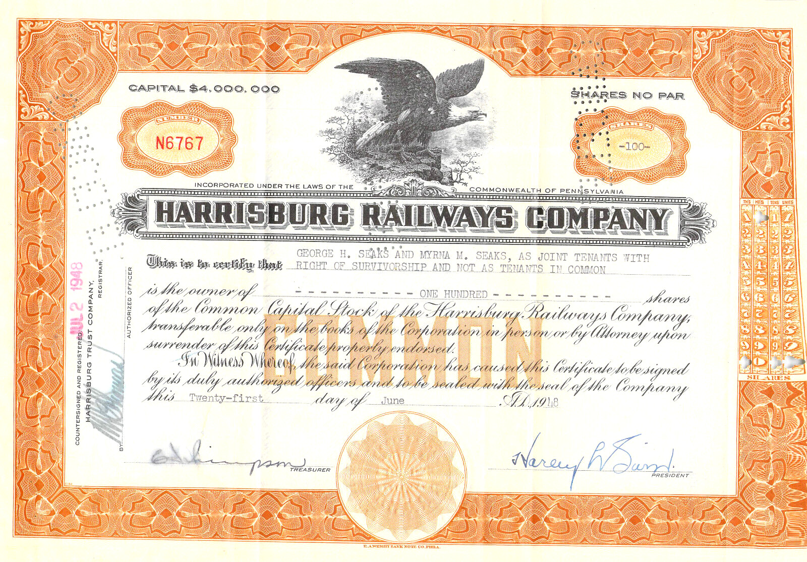 HARRISBURG 100 SHARES  RAILROAD RAILWAY STOCK CERTIFICATE