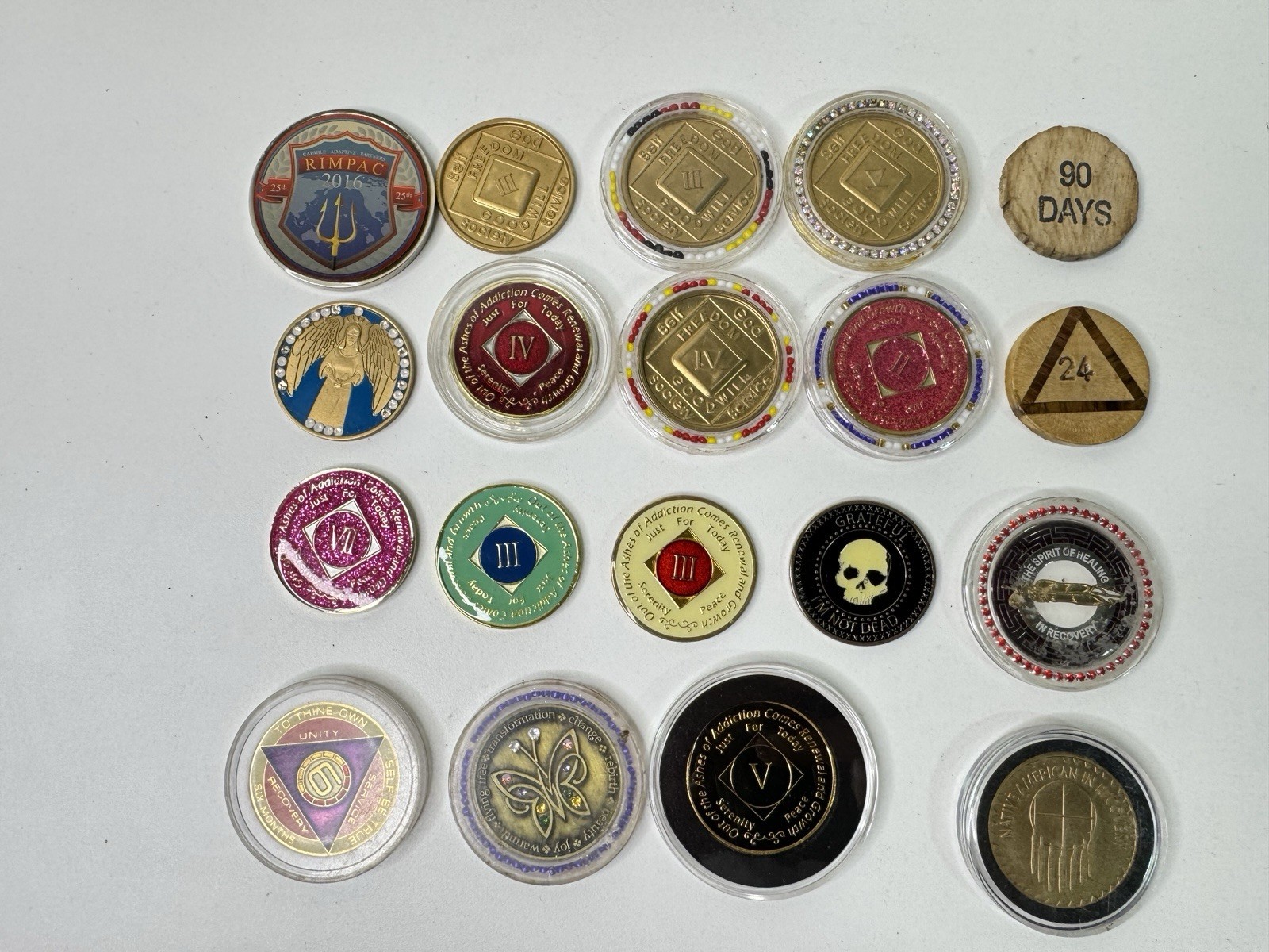 AA Sobriety Tokens Lot of 19 Recovery Chips Alcoholics Anonymous Medallions