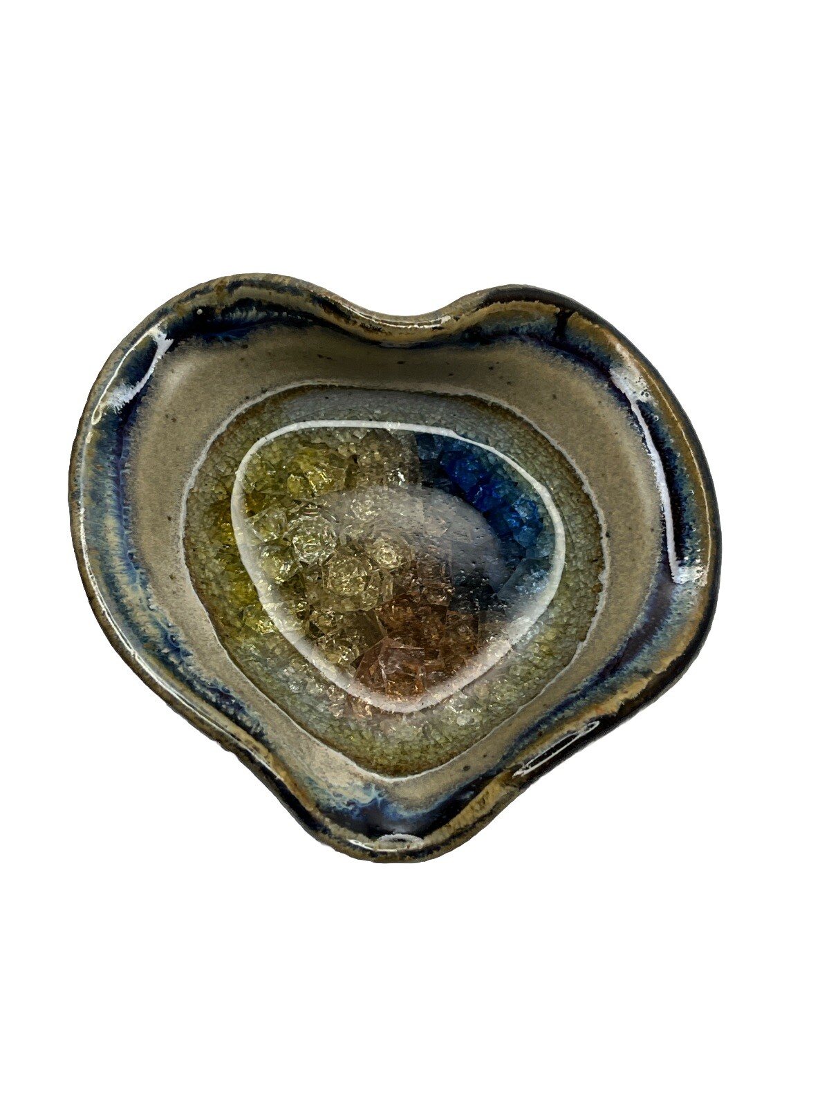 Artisan Crackle Glass Pottery Heart Shaped Trinket Dish, Made in USA 3.75” in