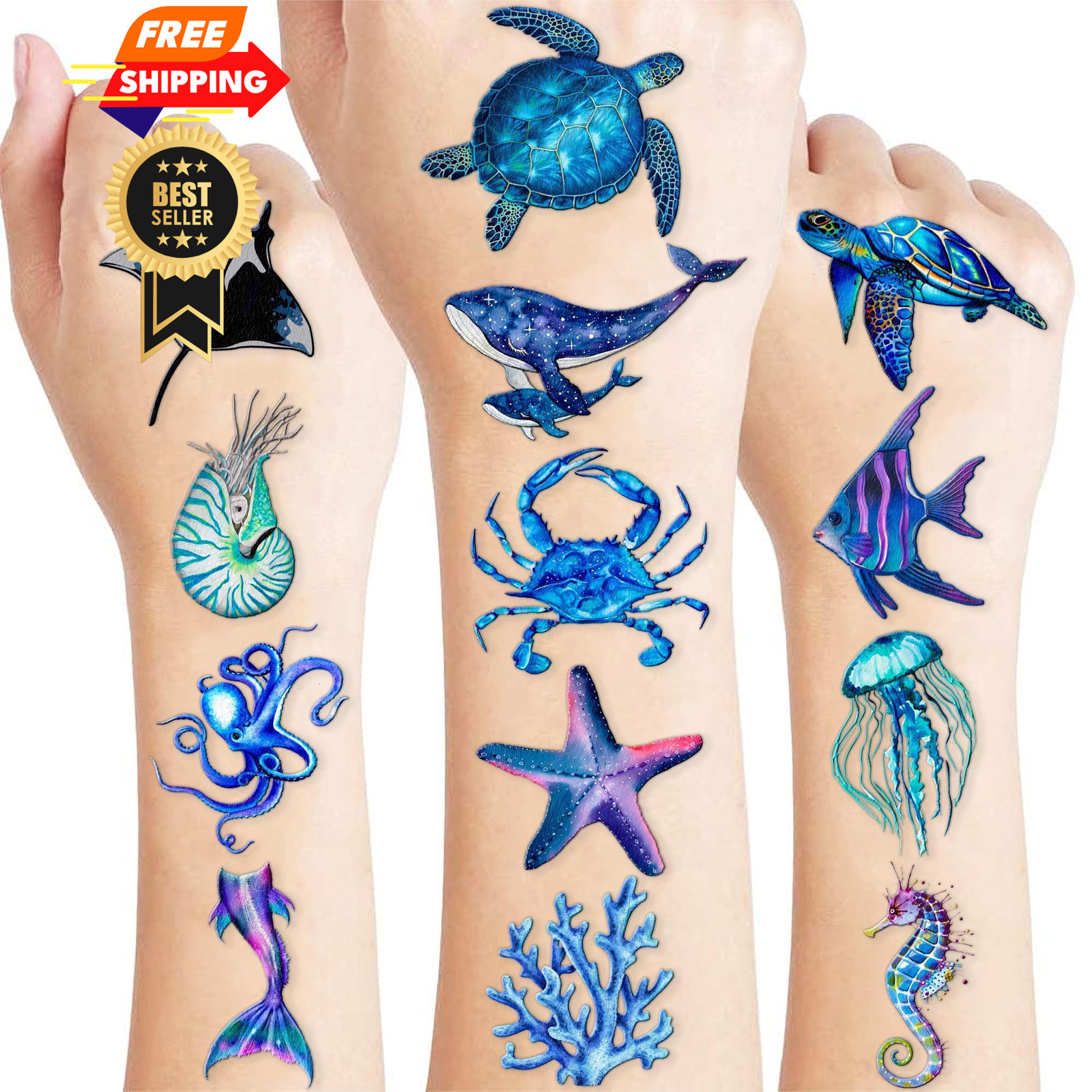 96 PCS Ocean Pre–Cut Animals Temporary Tattoos Themed Birthday Small, Normal 