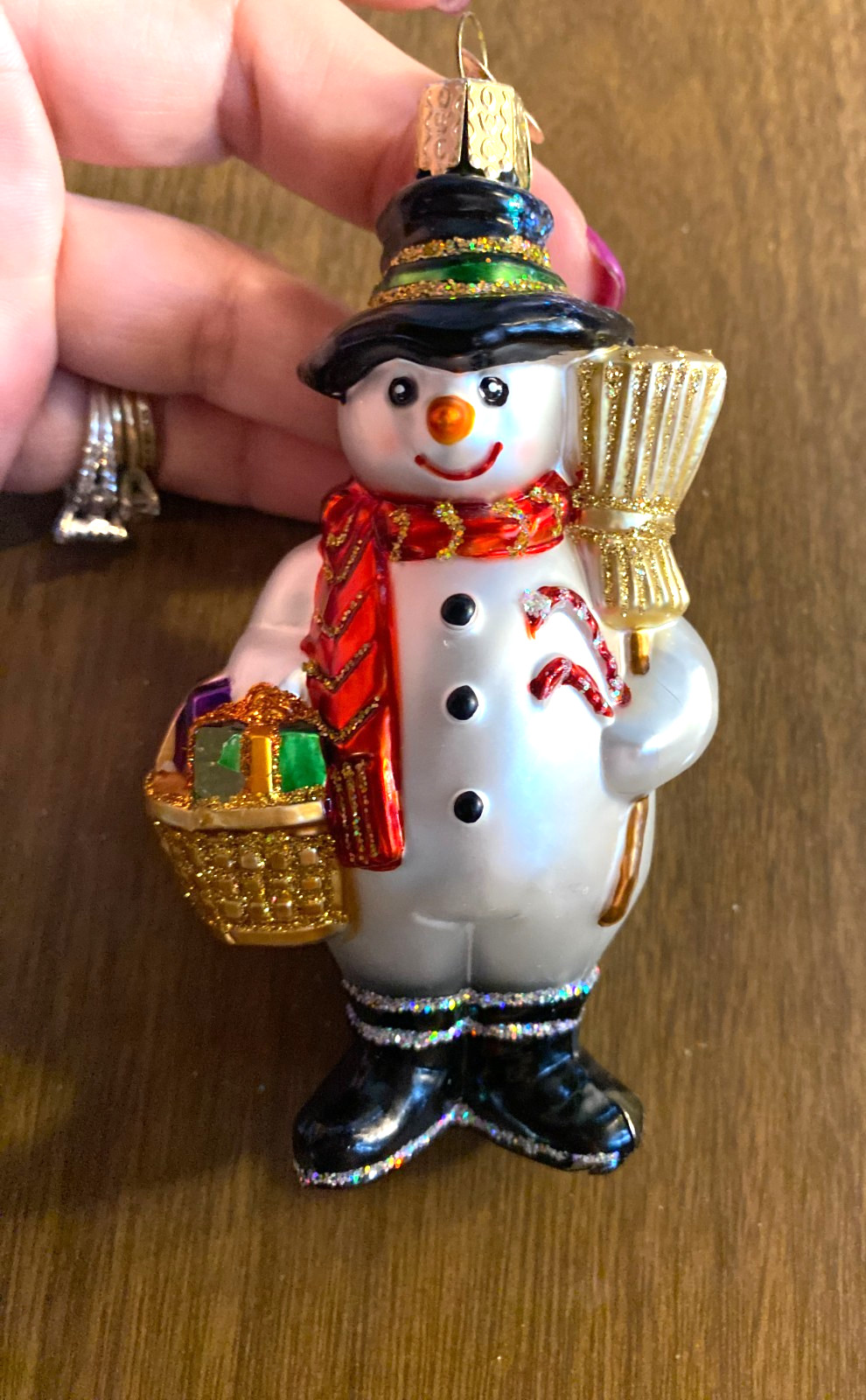 Blown Glass Snowman w Broom Old World Christmas Ornament 4.5"