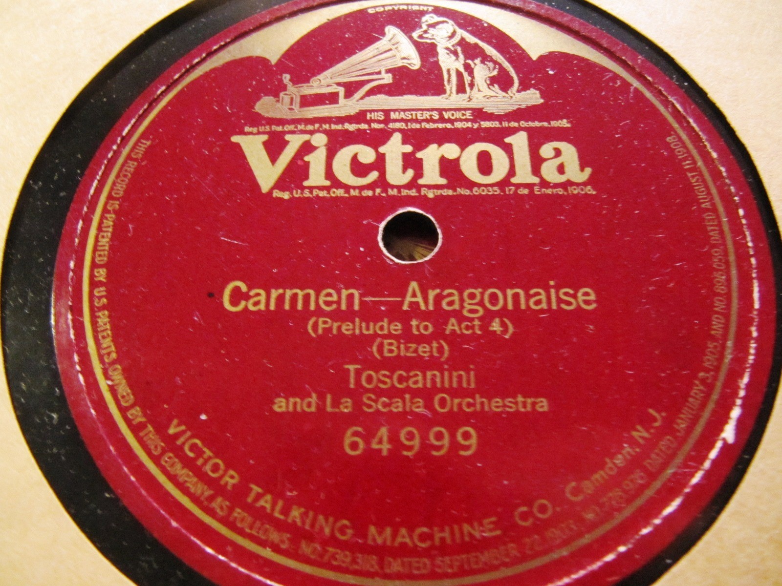 1921 first Rec ARTURO TOSCANINI CARMEN ARAGONAISE La Scala Orch VICTOR 64999