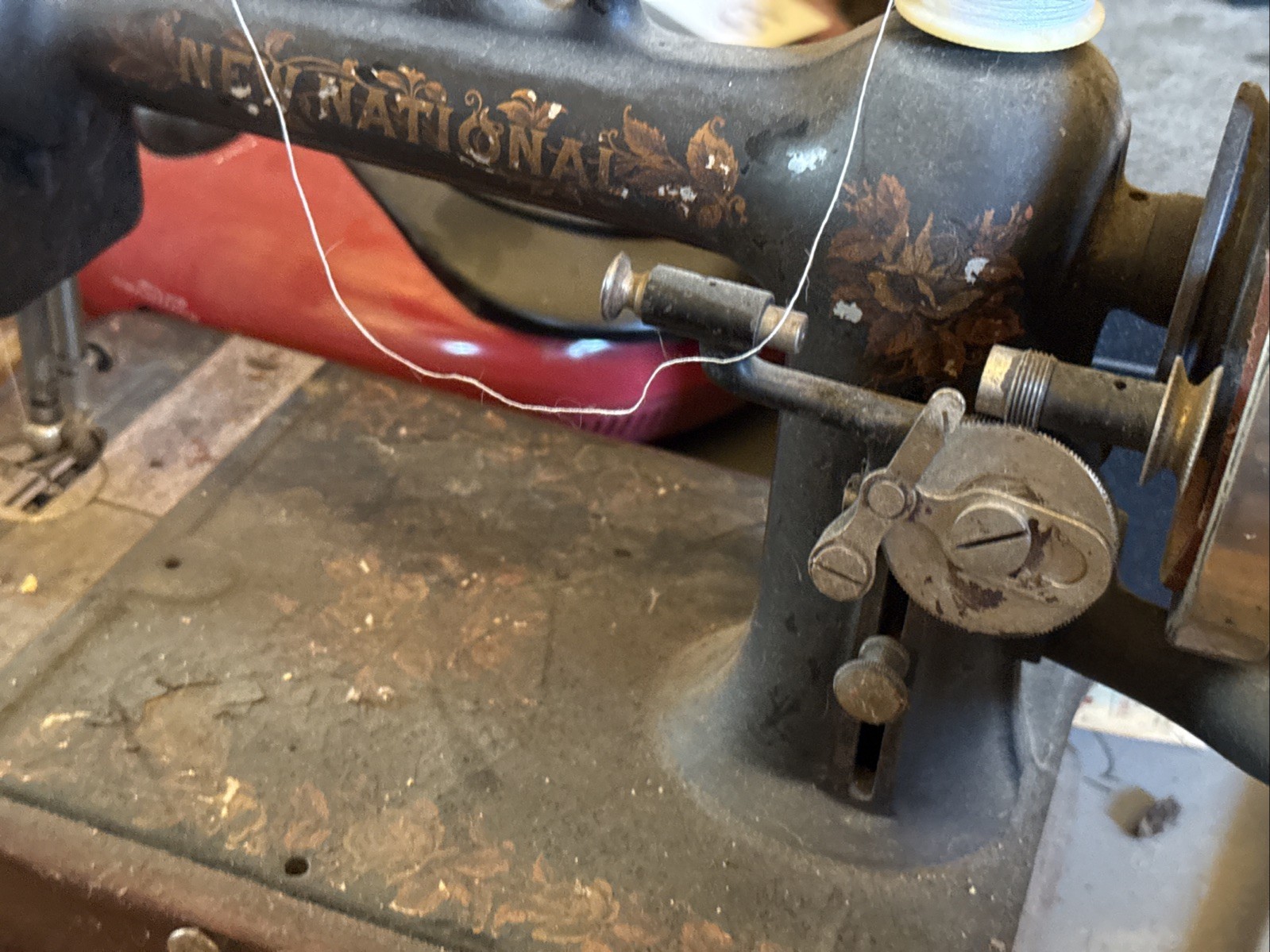 Antique New National Hand crank Sewing Machine Wooden Base