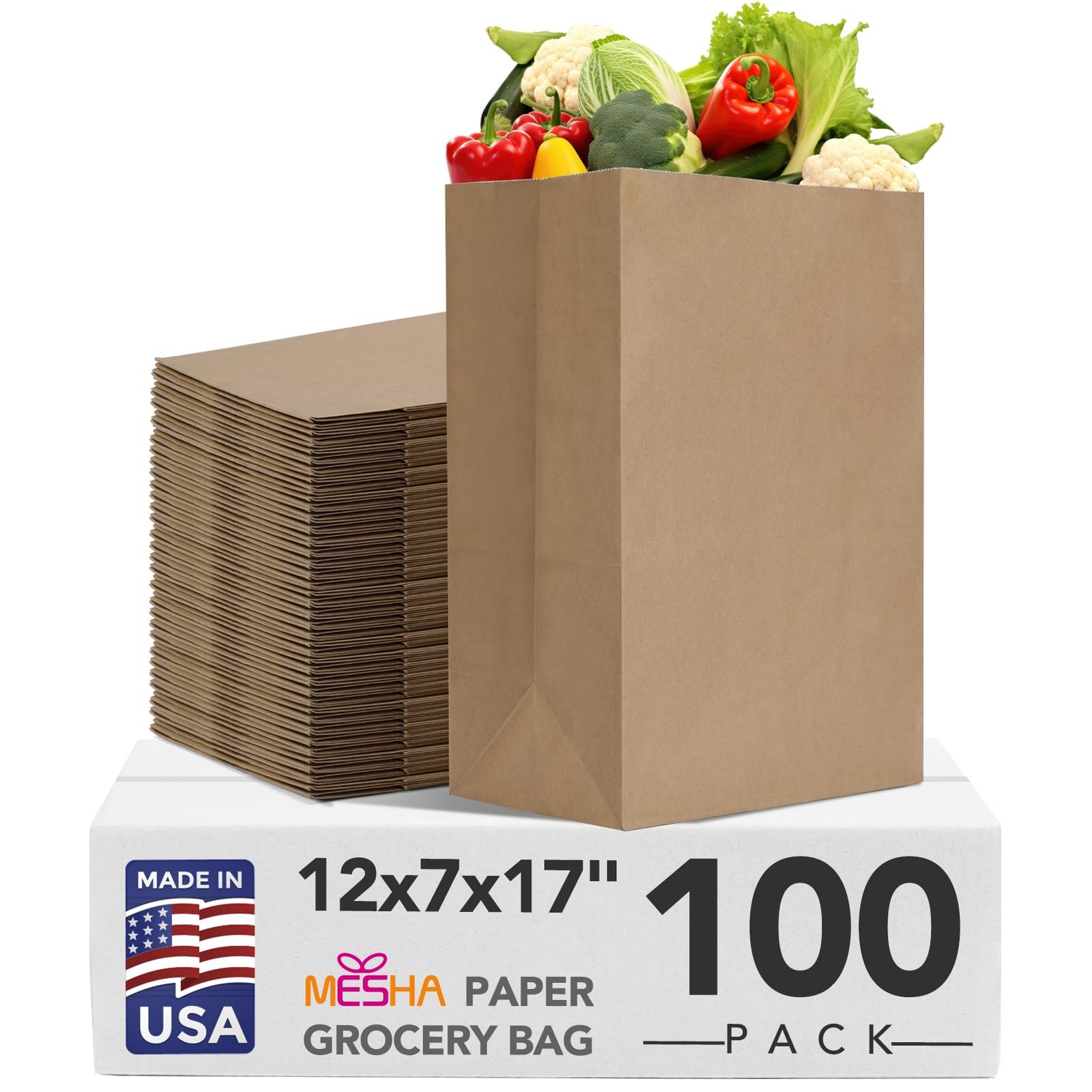 Mesha 100Pcs Paper Grocery Bags 12 x 7 x 17 Inches 12"x7"x17" 100PACK, Brown 