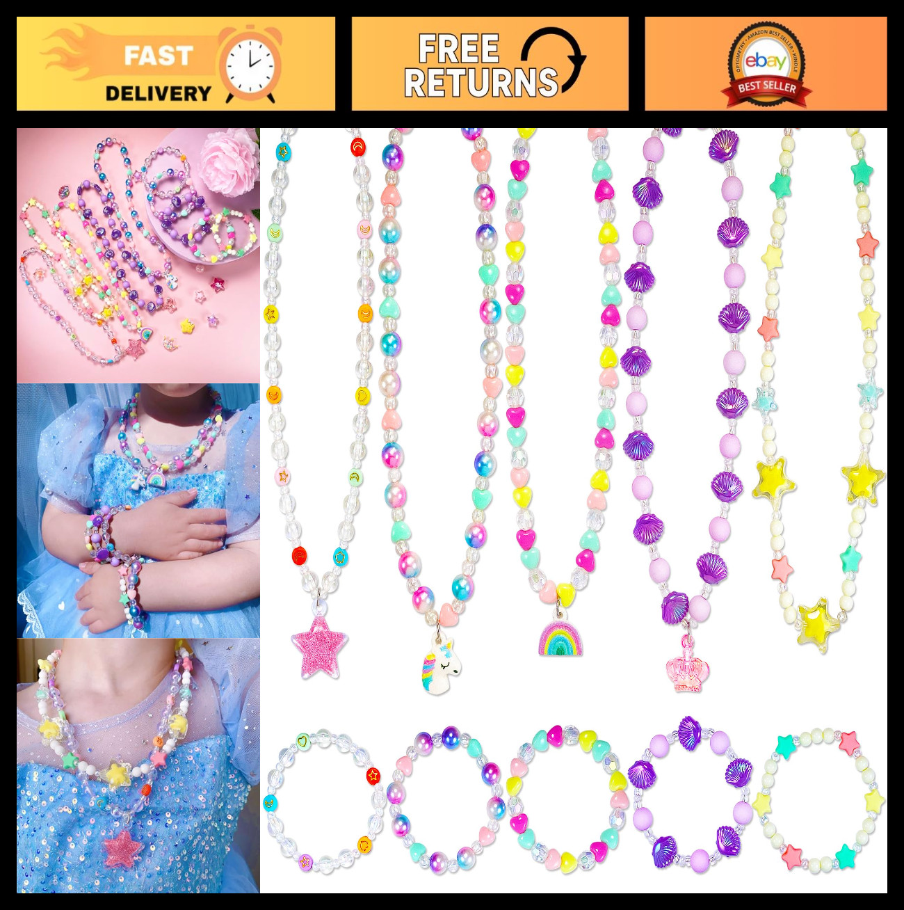Unicorn Rainbow Star Crown Necklace & Bracelet Set for Girls - Toddler Dress-Up