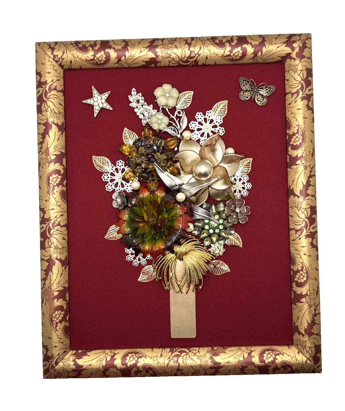 Vintage Jewelry Art FLOWER ARRANGEMENT In Vase 11 1/4" x 9 1/4"