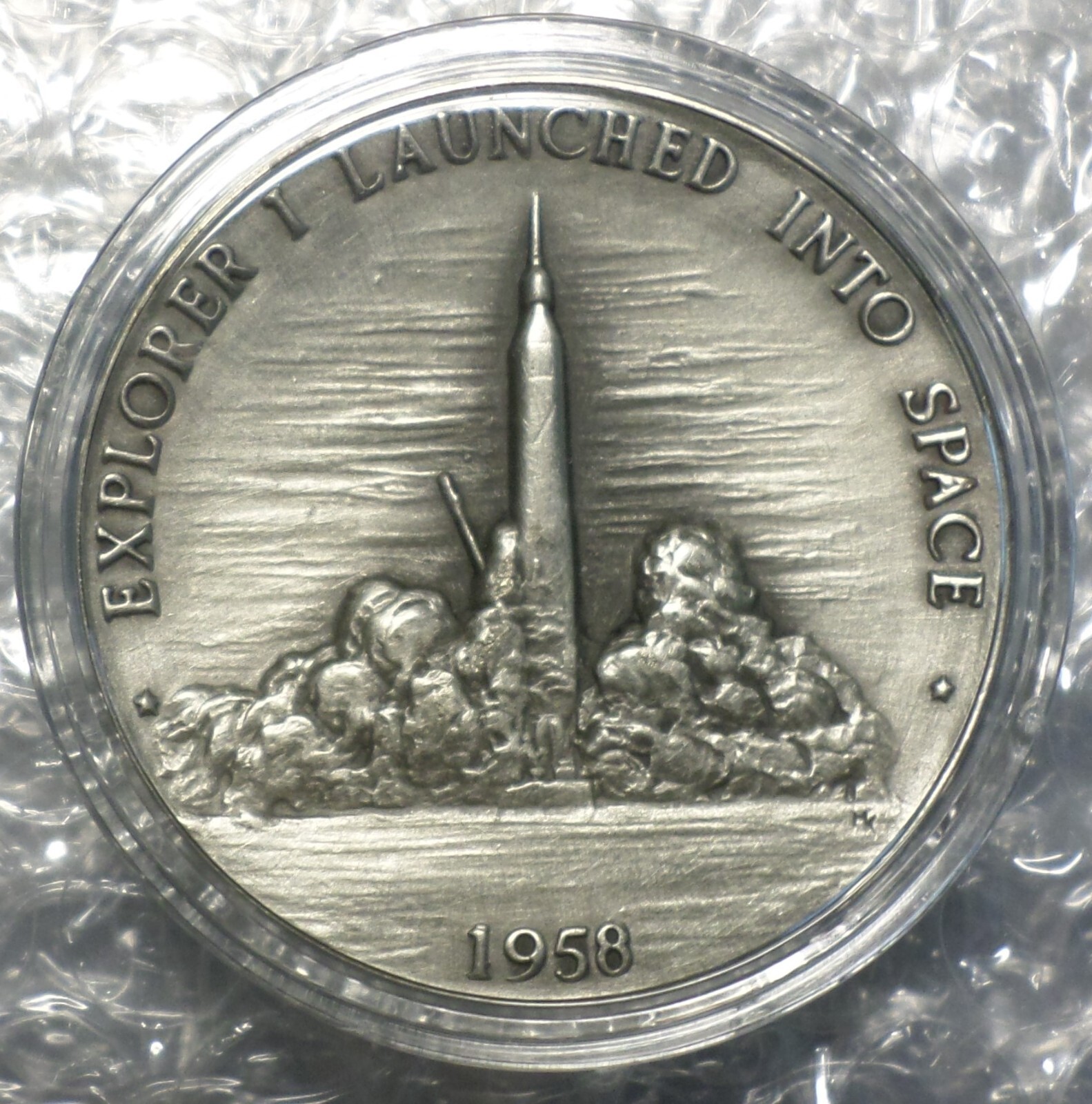 NASA Explorer I Rocket w/ Space Satellite Vintage Fine Pewter Medal in Capsule