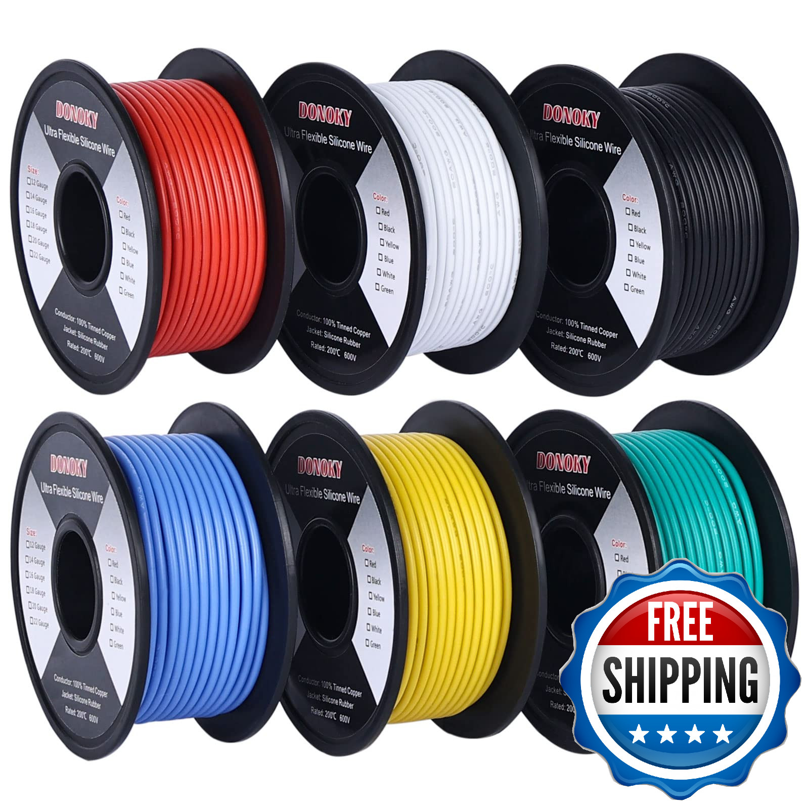 DONOKY 22 AWG Stranded Silicone Electrical Wire 360FT - 6 Colors Flexible