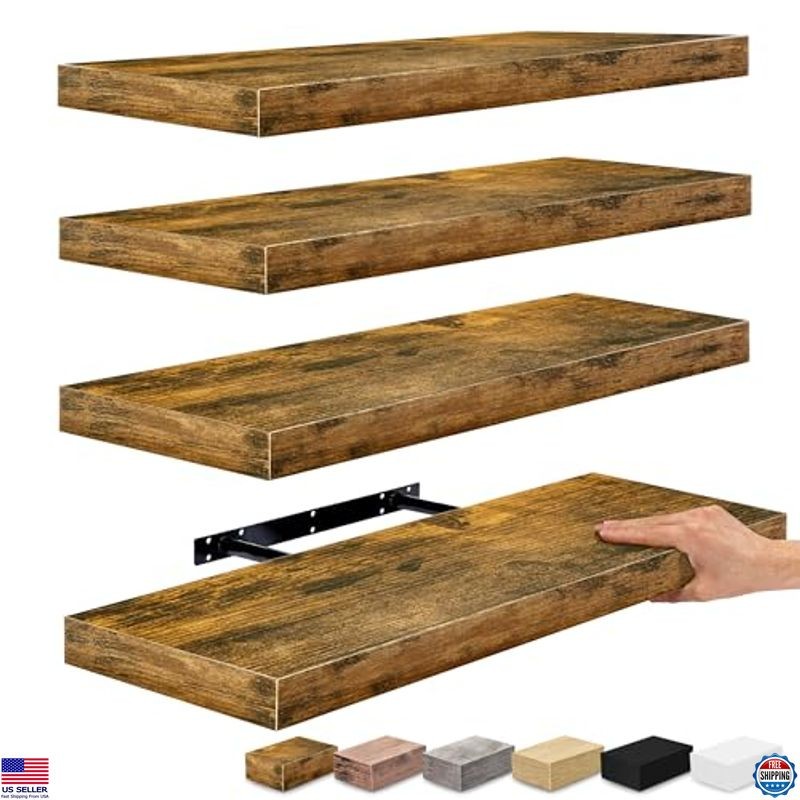 Sorbus 24" Rustic Brown Floating Wall Shelves - Set of 4 with Invisible Brackets