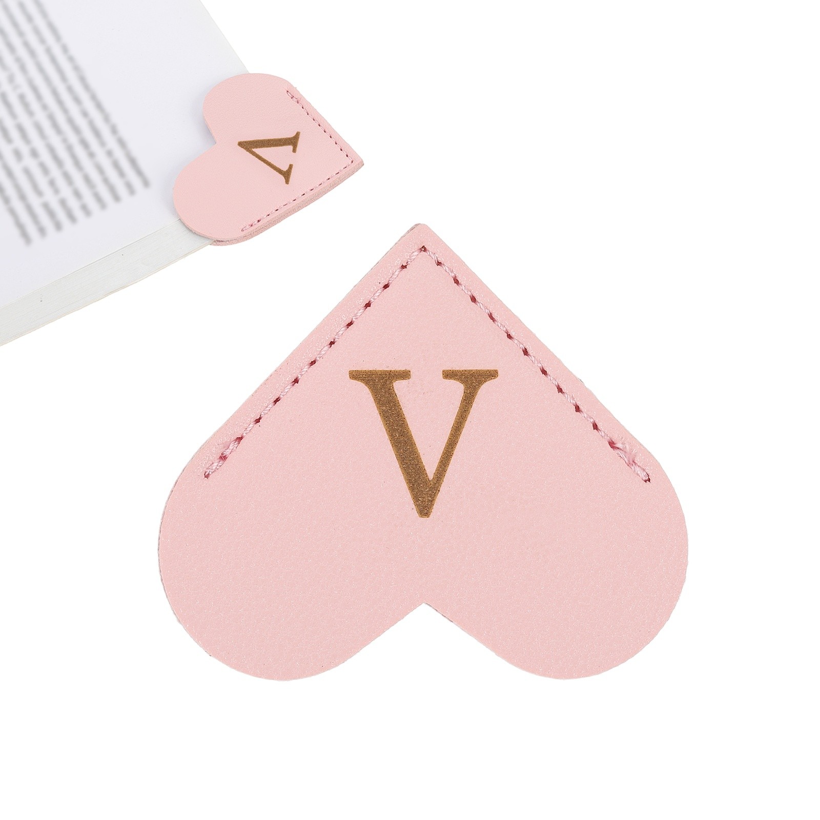 Initial V Corner Bookmarks,  Heart Shape Leather Book Marks Markers, Pink