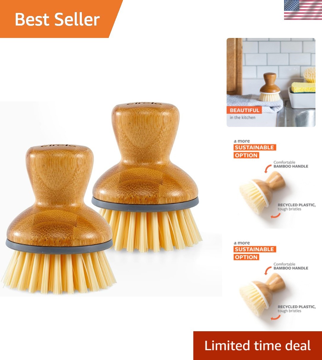 Bubble Up Bamboo Dish Brush–Family Safe, Formaldehyde-Free–Ergonomic Palm Scr...