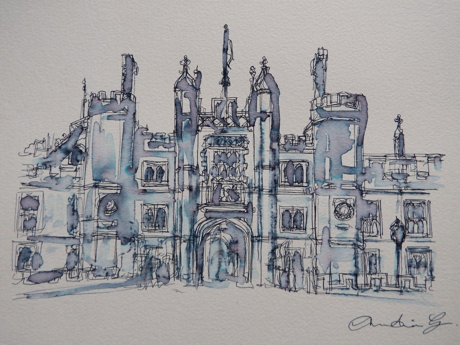 Ink drawing Hampton Court Palace on watercolour paper