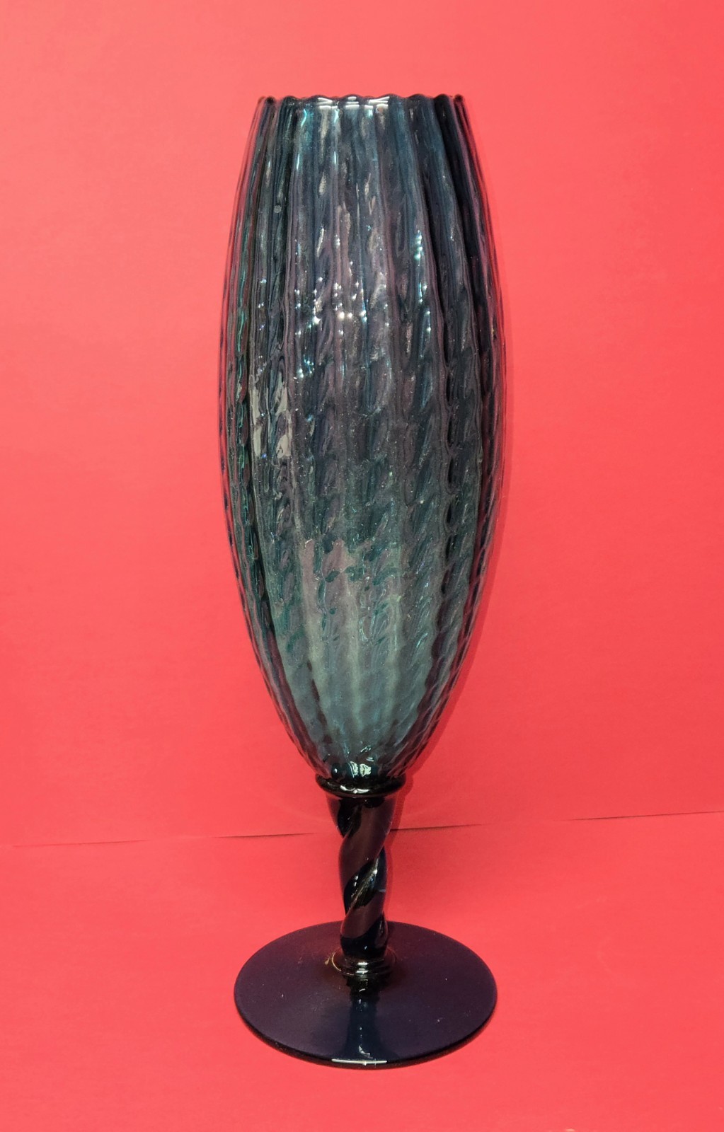 Vintage Mid Century Empoli 15" Blue Ribbed Optic Glass Vase with Twisted Base
