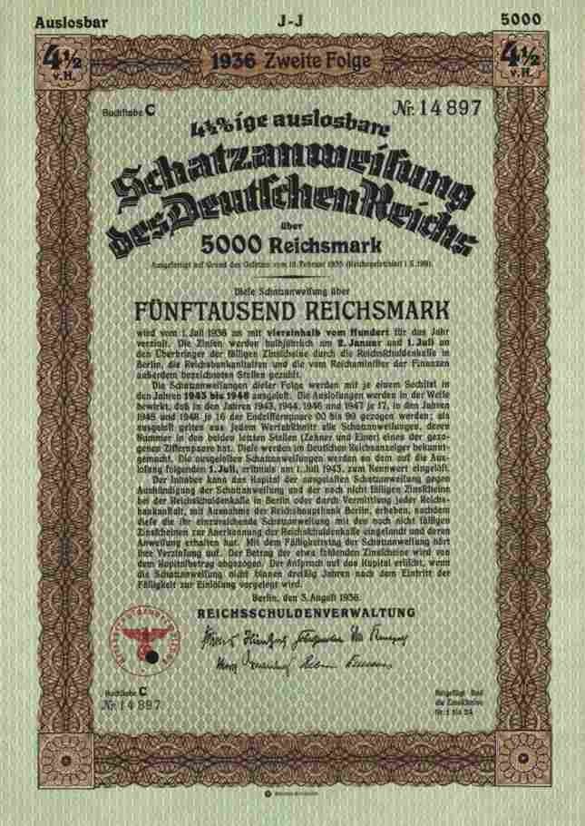 German Reich 4.5% Treasury Note 1936 Berlin Eagle 5,000 RM Schultzenstein