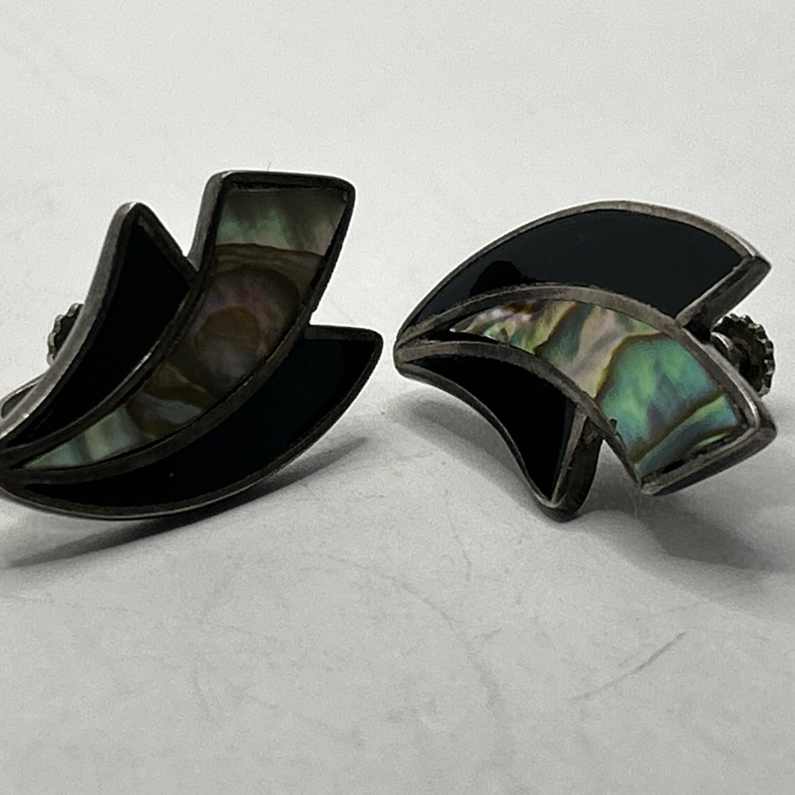 Vintage Abalone Onyx Inlay Sterling Silver Screw Back Earrings Made in Mexico