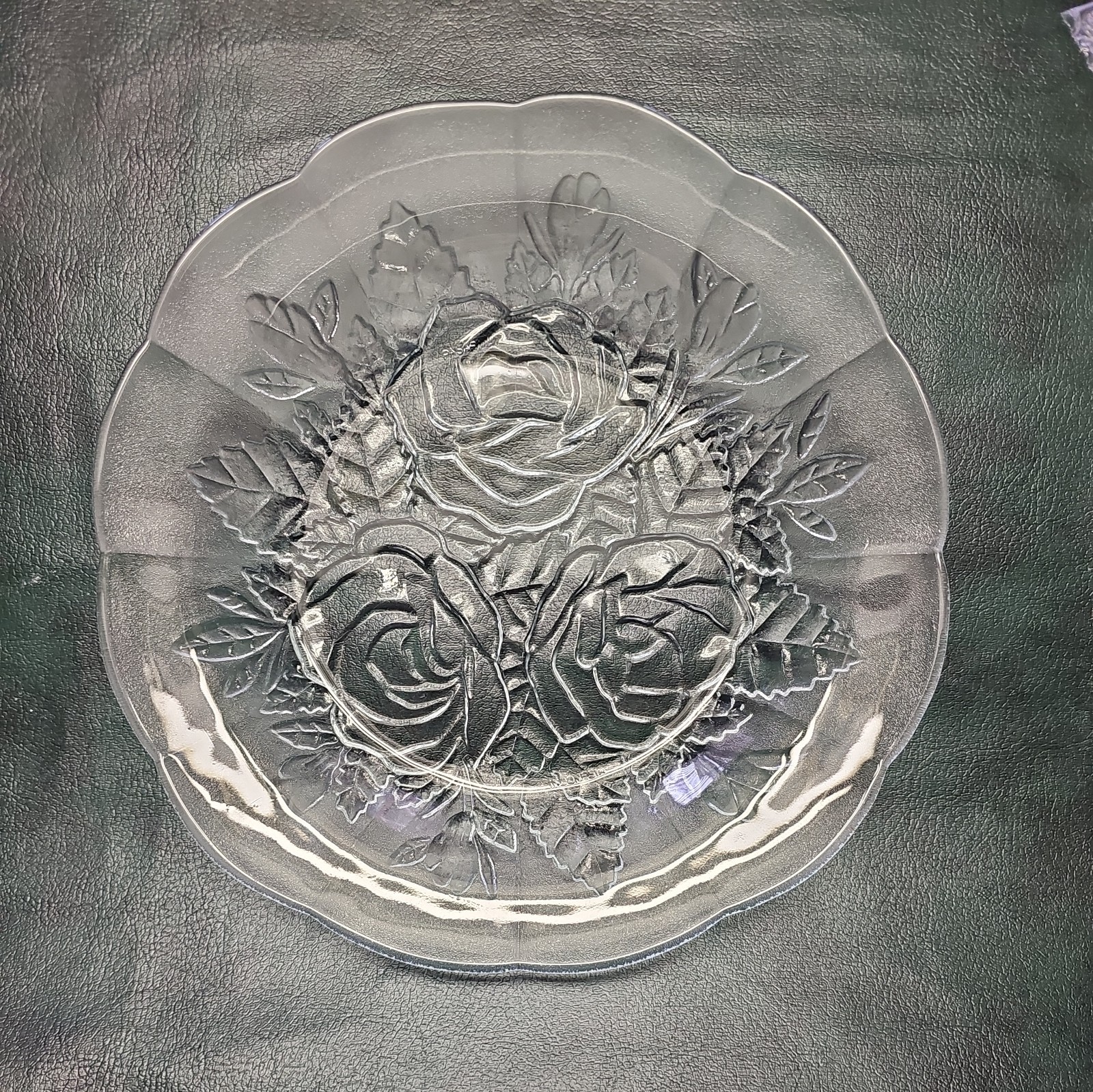 Set 0f 7 Vintage Clear Glass Embossed Rose Pattern Plates