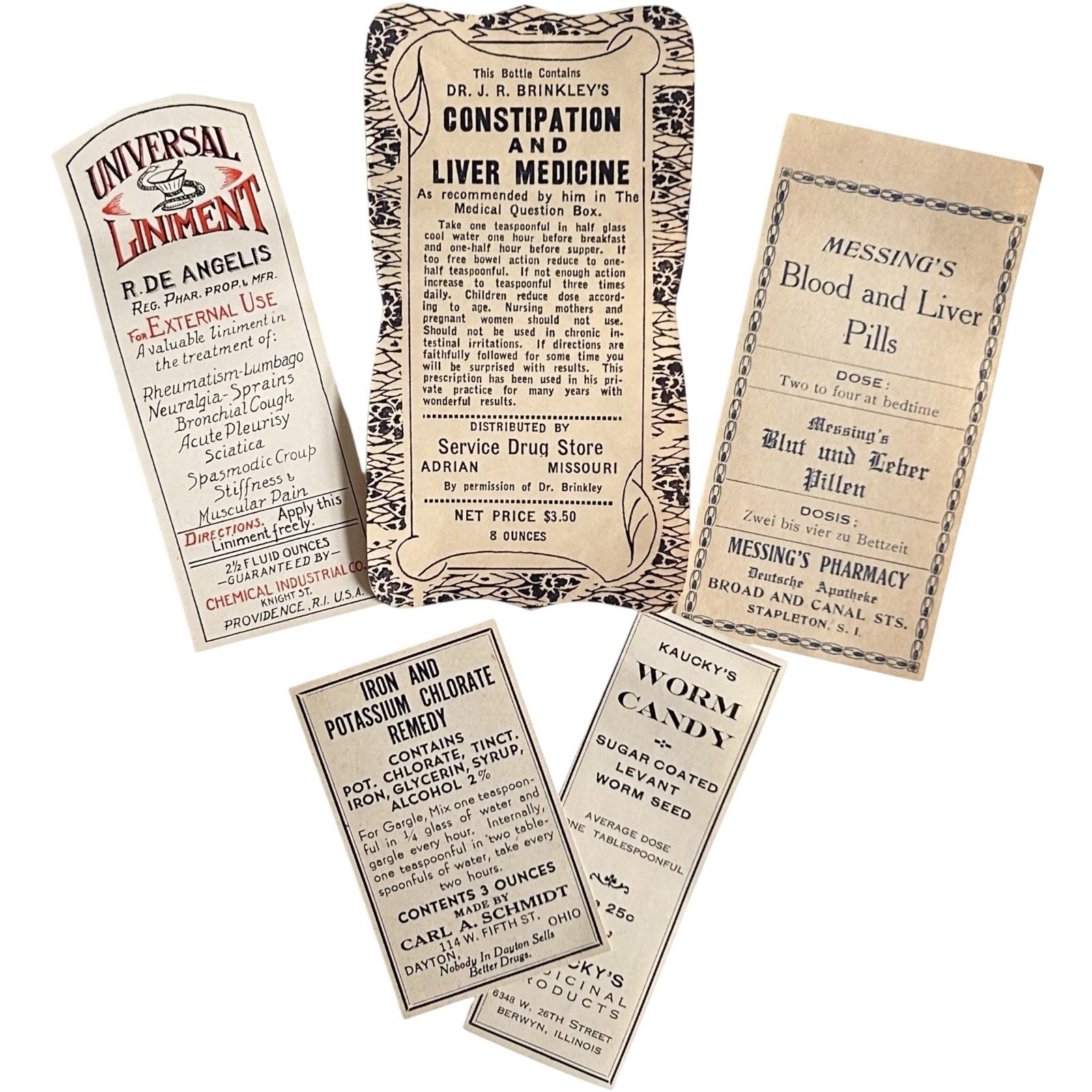Lot of 5 VTG Drug LABELS Quack Patent Medicine Apothecary Pharmacy Ephemera Rx