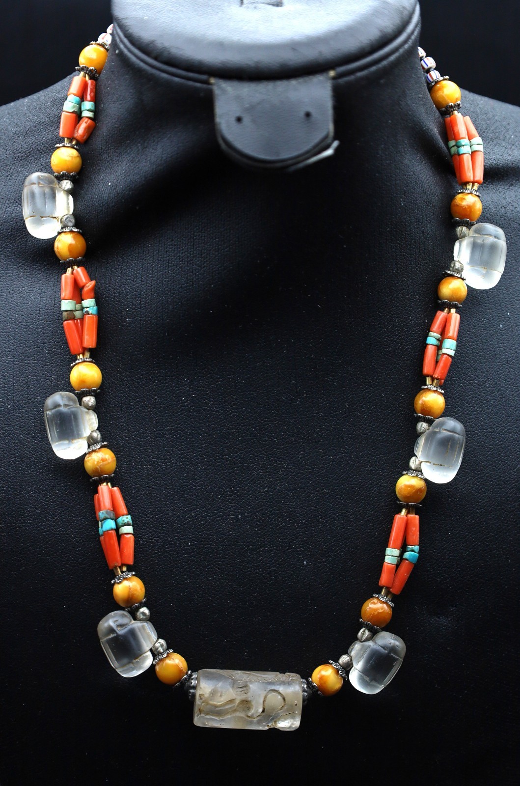 Roman Glass Amber&Coral&Turqouise&Crystal And Near Eastern Crystal Necklac (EE4)