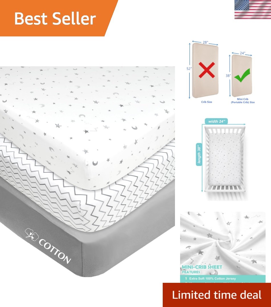 3 Pack 100% Natural Cotton Fitted Mini Crib Sheets 38" x 24" - Soft & Breatha...
