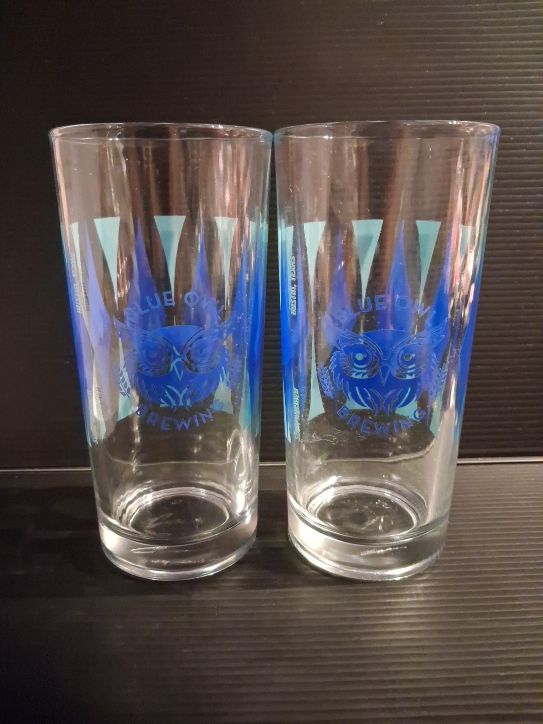 Lot of 2 Blue Owl Brewing Beer High Ball Glass Austin Texas Retro Design