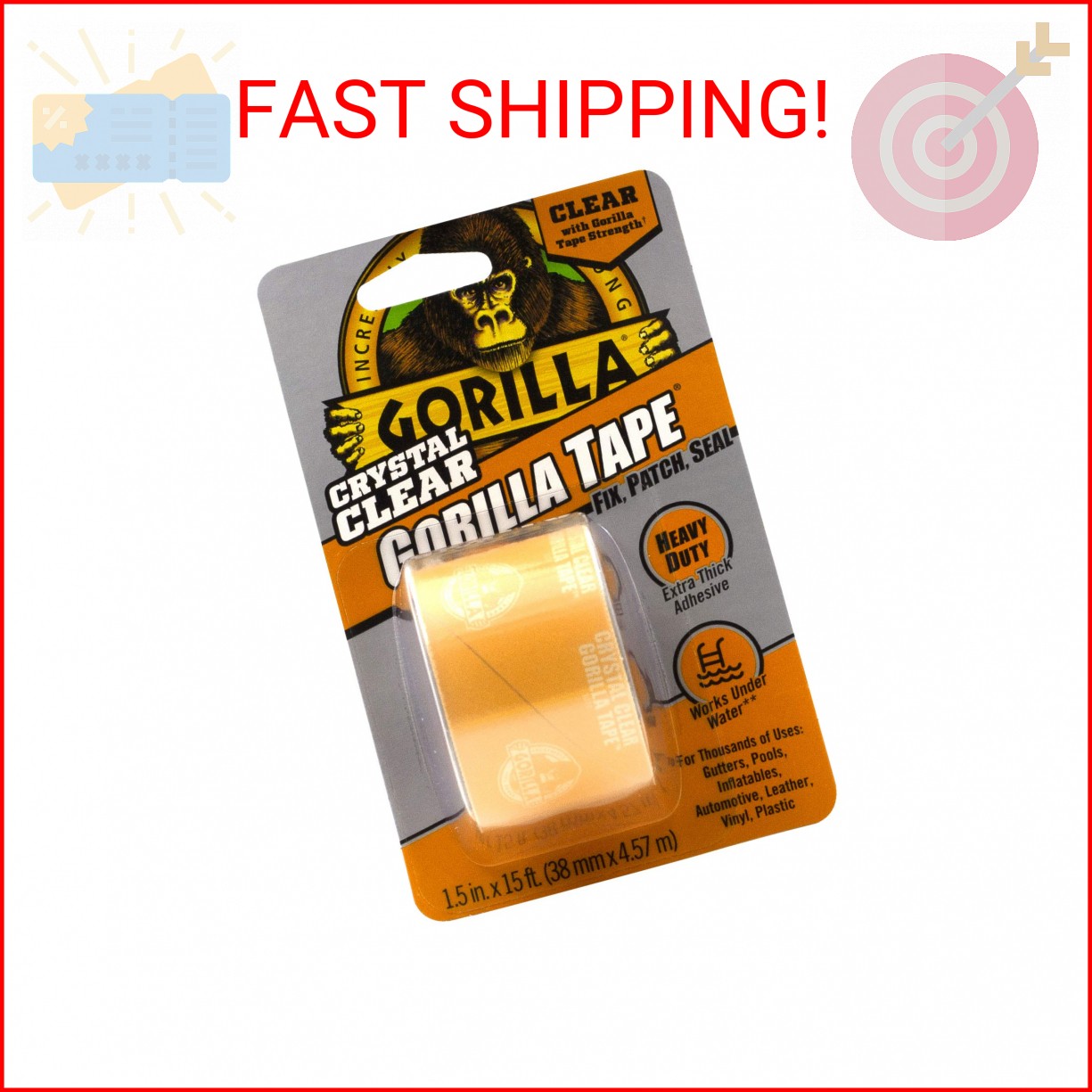 Gorilla Crystal Clear Repair Duct Tape, 1.88” x 5 yd, Clear, (Pack of 1)