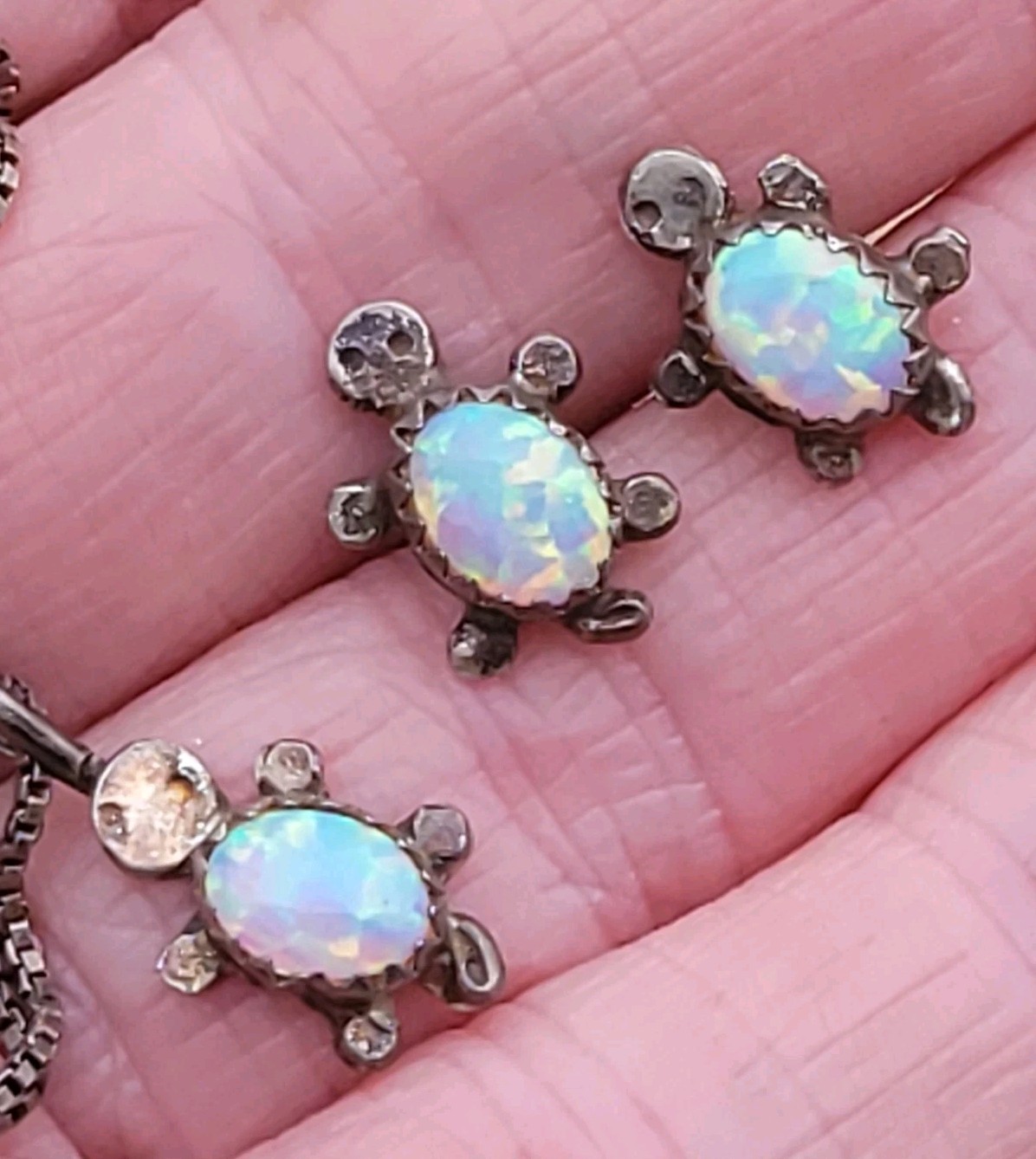 Cute Vintage Native American Sterling Silver Opal Turtle Necklace Earrings Set