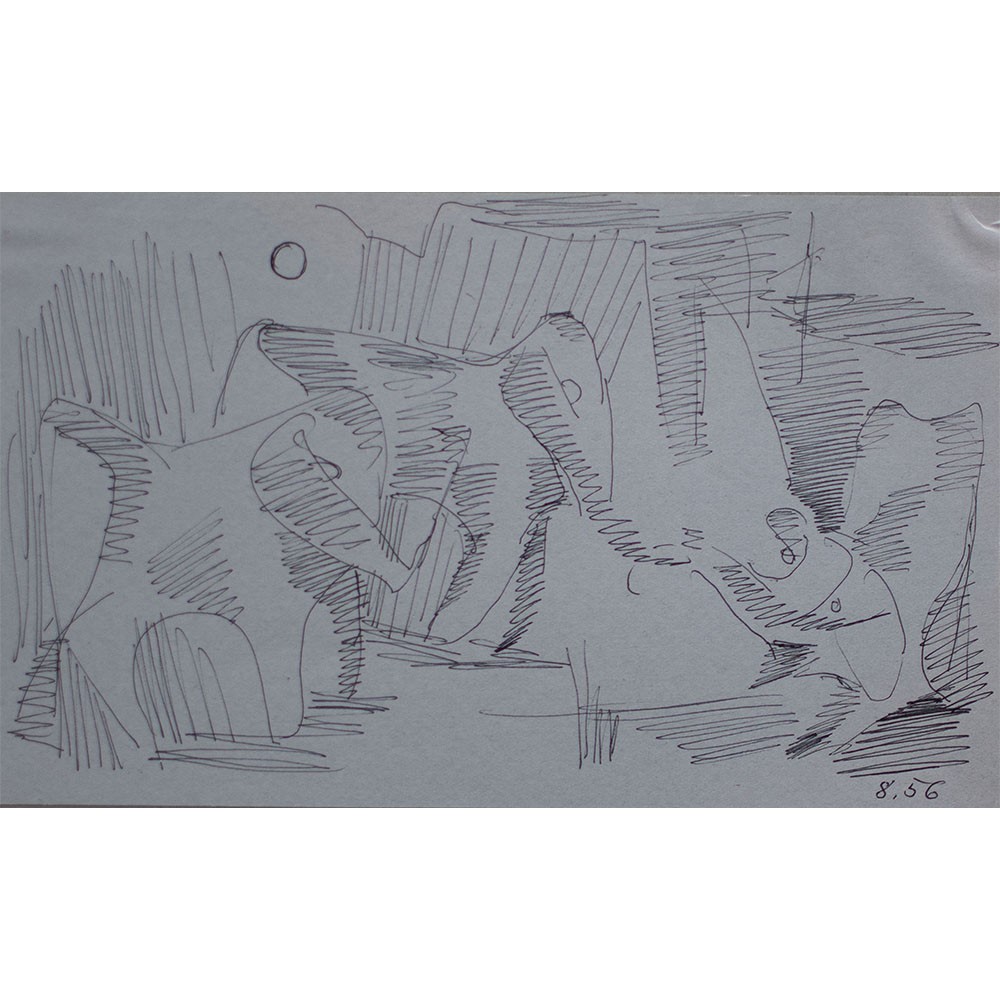 Hans Pistorius Elephants Classic Modern Unsigned Ink Drawing 1956