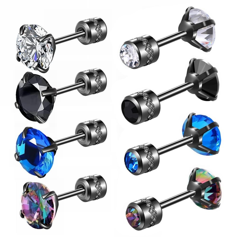 Hopply 4 Pairs Titanium Screw Back Surgical 6mm, A-Black Colorful CZ 