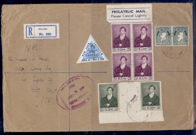 IRELAND 1956 T MOORE 3½P GUTTER PAIR REG TO USA