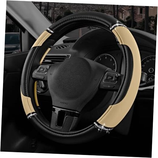  Leather Steering Wheel Cover - Made with PVC Leather - Anti-Slip, Beige