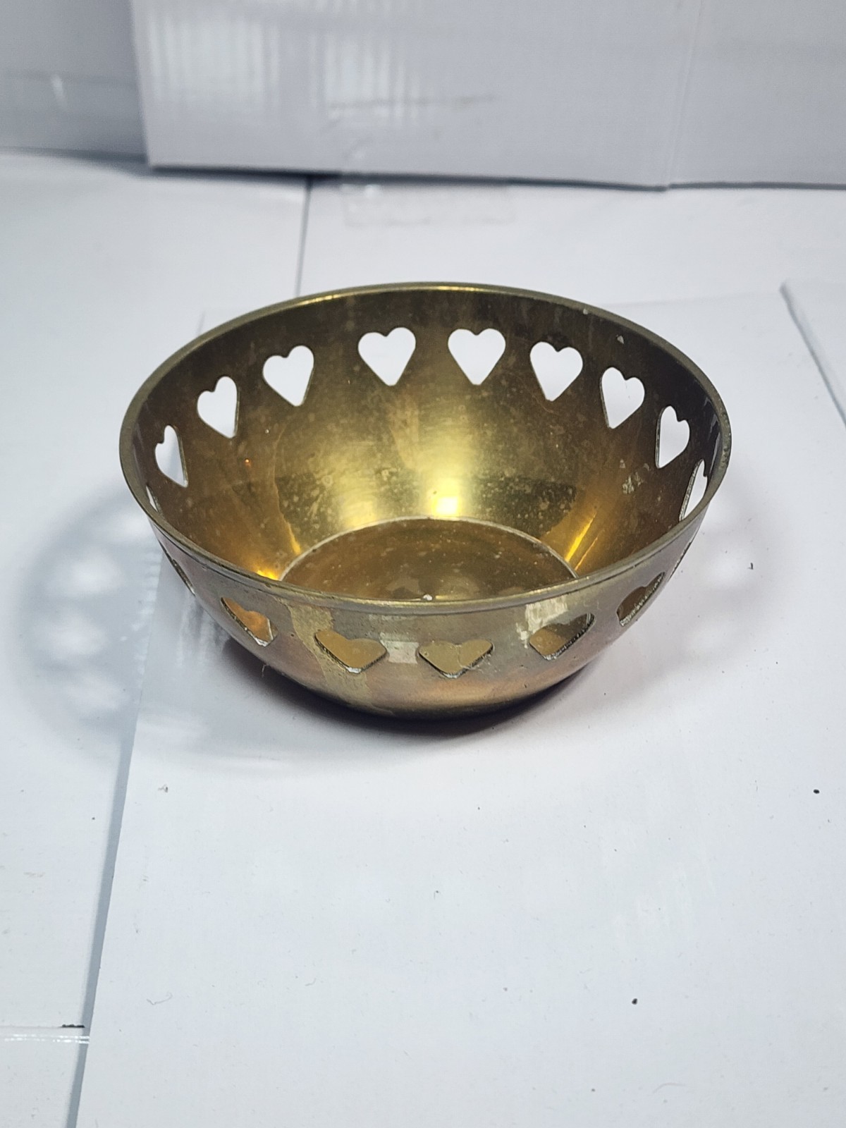 Brass Bowl With Heart Shaped Cutouts - Trinket Dish Decorative Catch-All Bowl