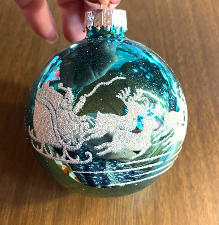 Unique Treasures Blown Glass Blue Flocked Santa Reindeer HAPPY HOLIDAYS Ornament