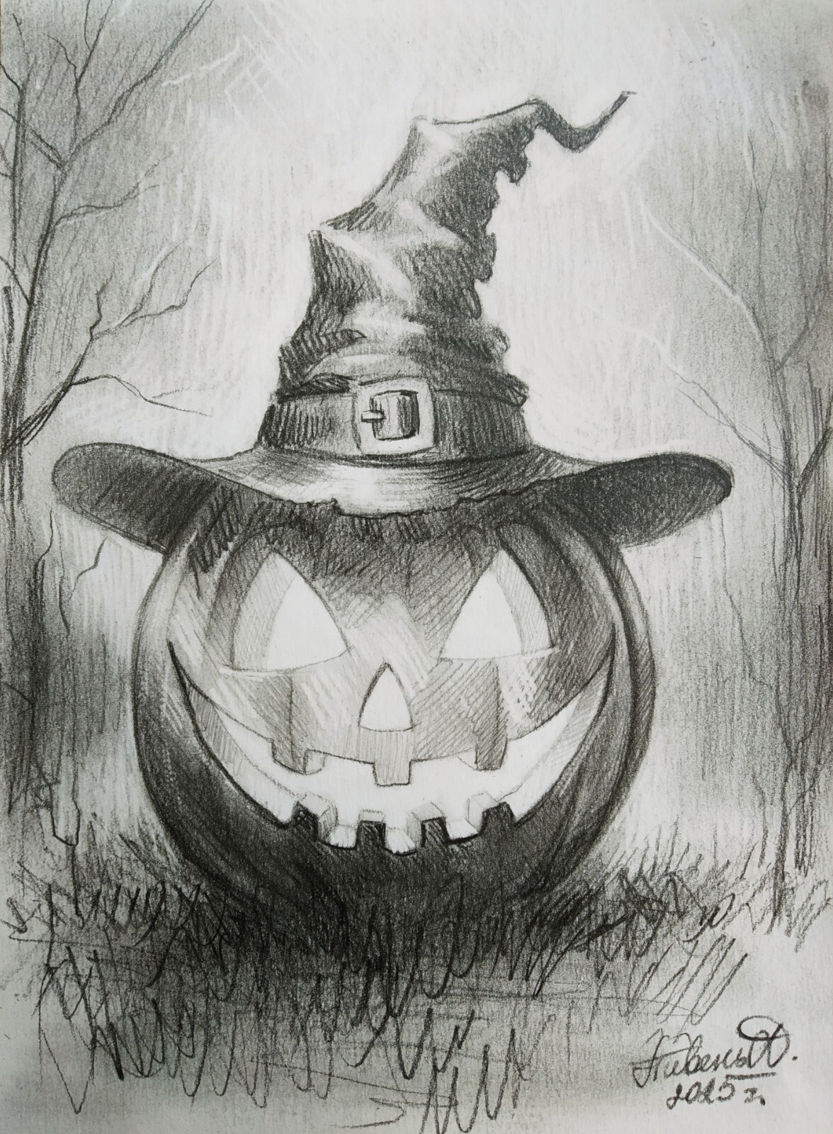 Pencil Drawing on Paper 11x8 Inch Halloween Pumpkin Handmade Signed by the Artis
