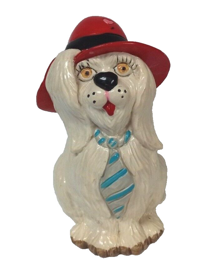 Vintage Cocker Spaniel Dog Plastic Coin Bank 1983 Small World Importing Red Hat