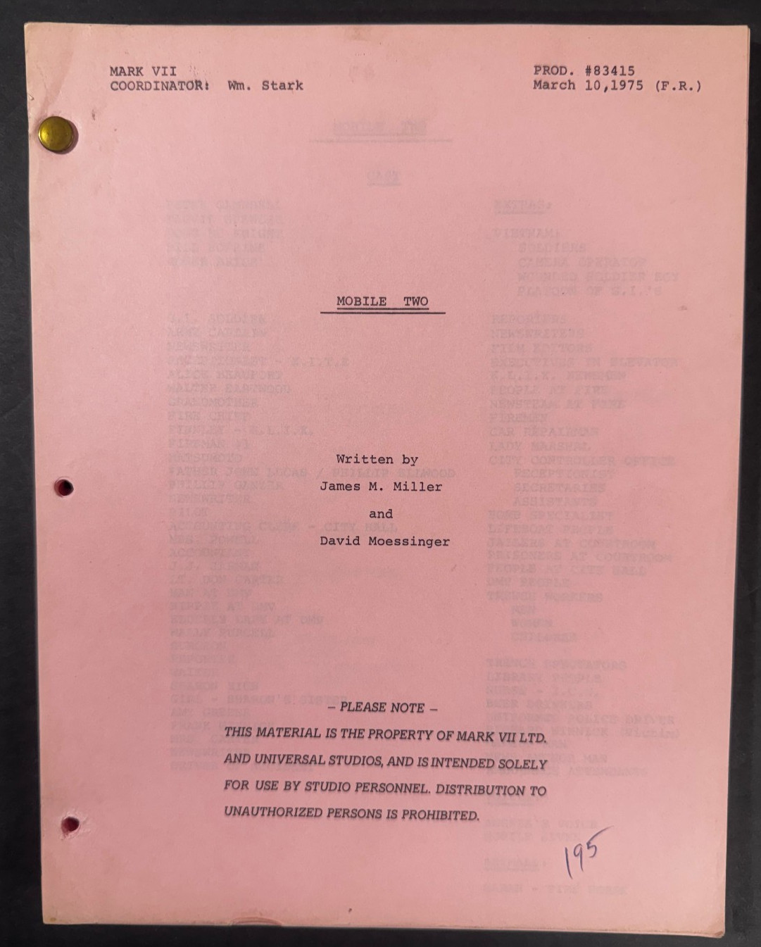 MOBILE TWO / James M. Miller David Moessinger 1975 TV Movie Script