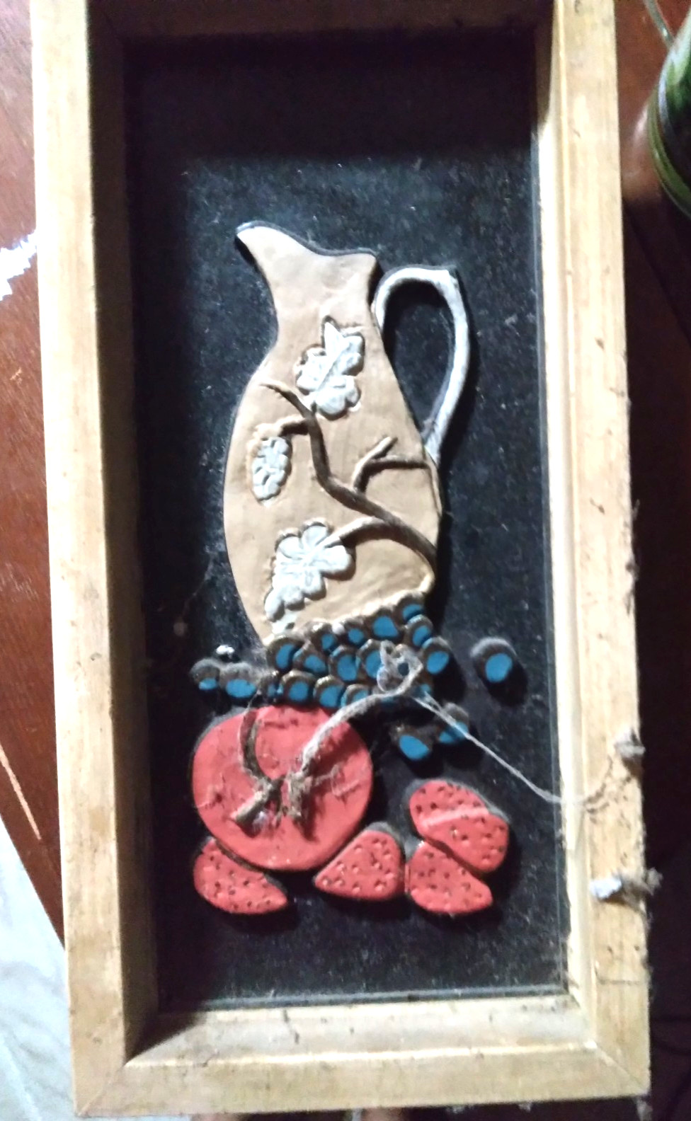 Vintage Mid‑Century Mixed Media Wall Art Ceramic Jug Fruit Folk Art Framed 3D R