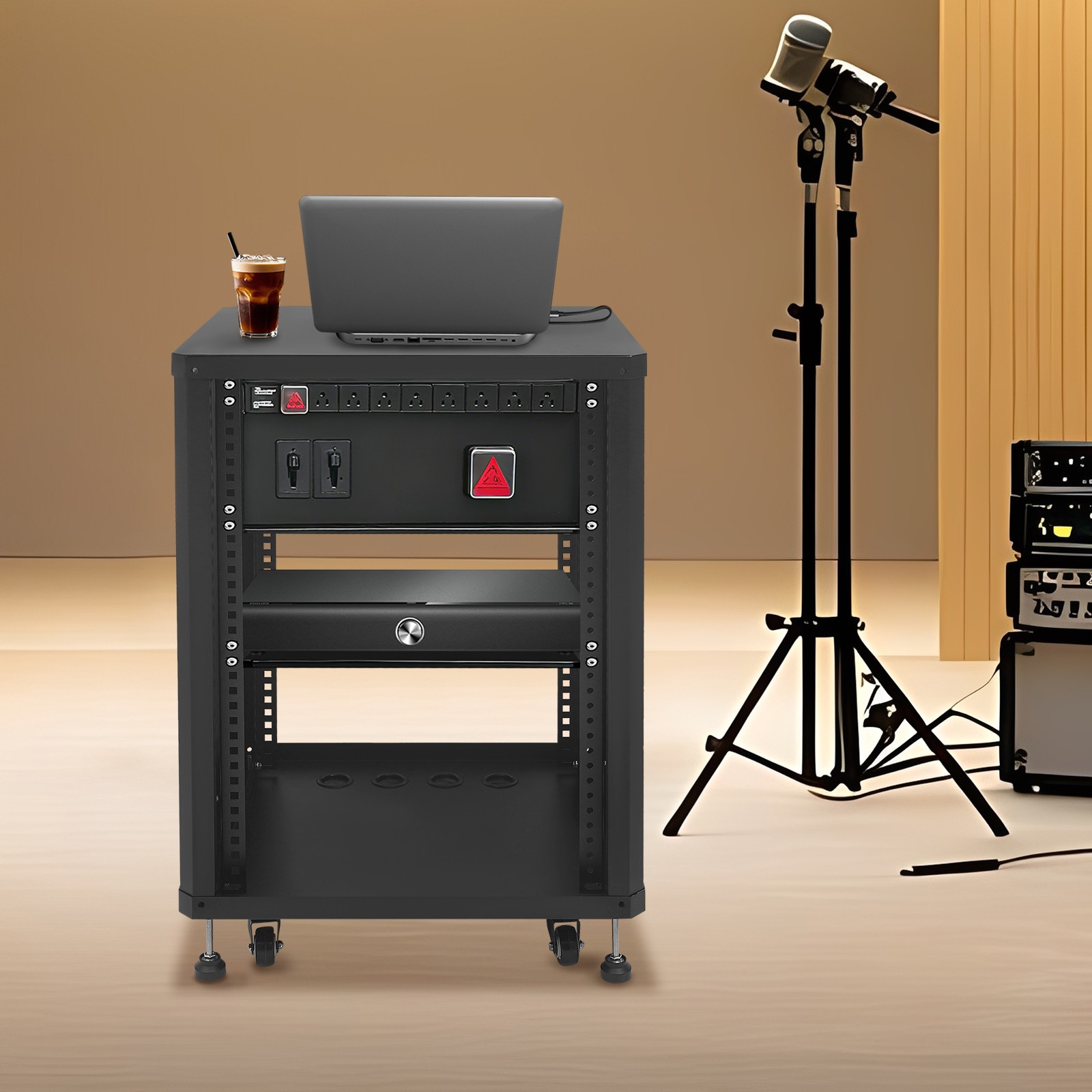 15U Audio Rack, Audio Rack with Feet & Wheels, Rolling Studio Rack Case