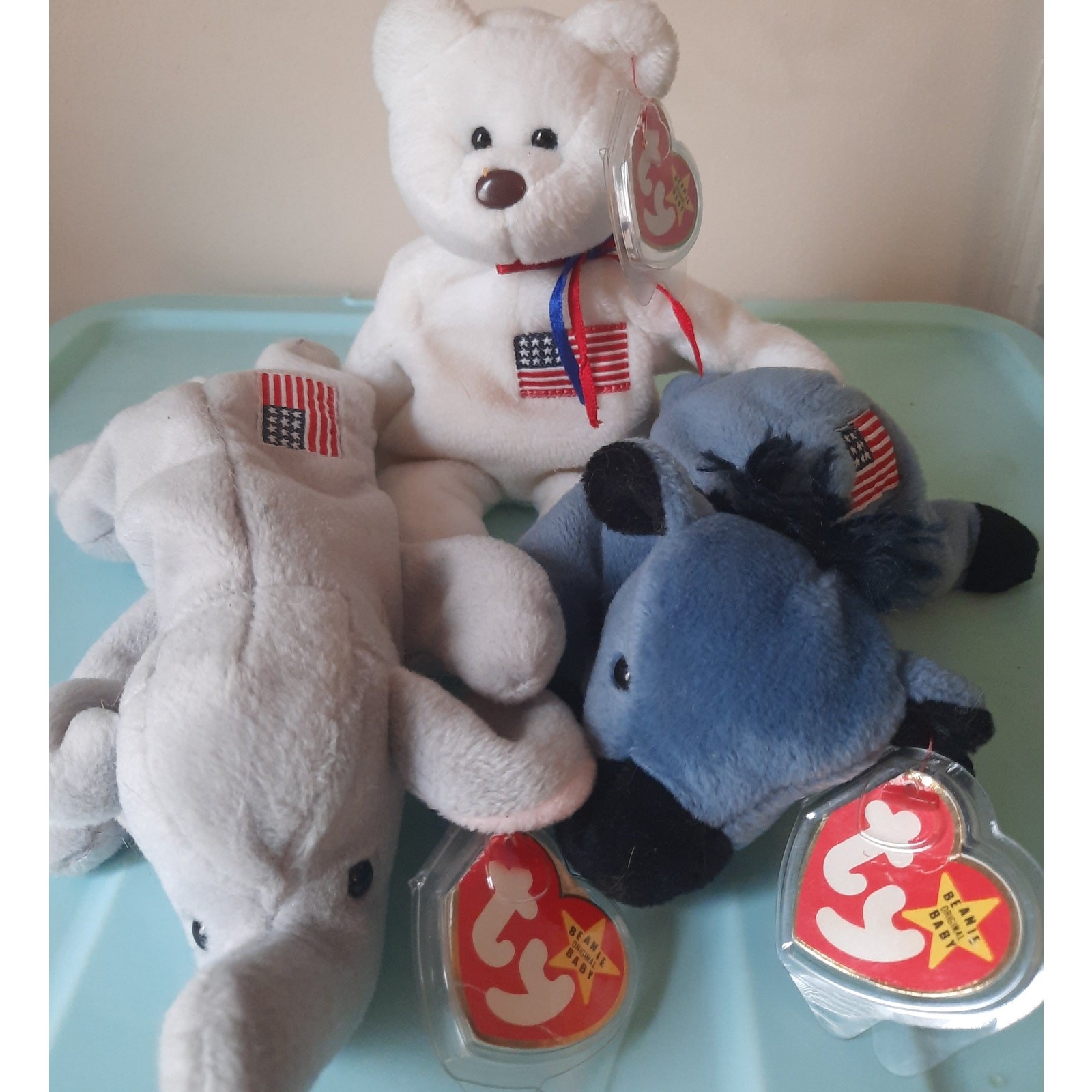 VTG Ty Beanie Babies Lot American Trio Lefty Righty Libearty Creased Cut Tags