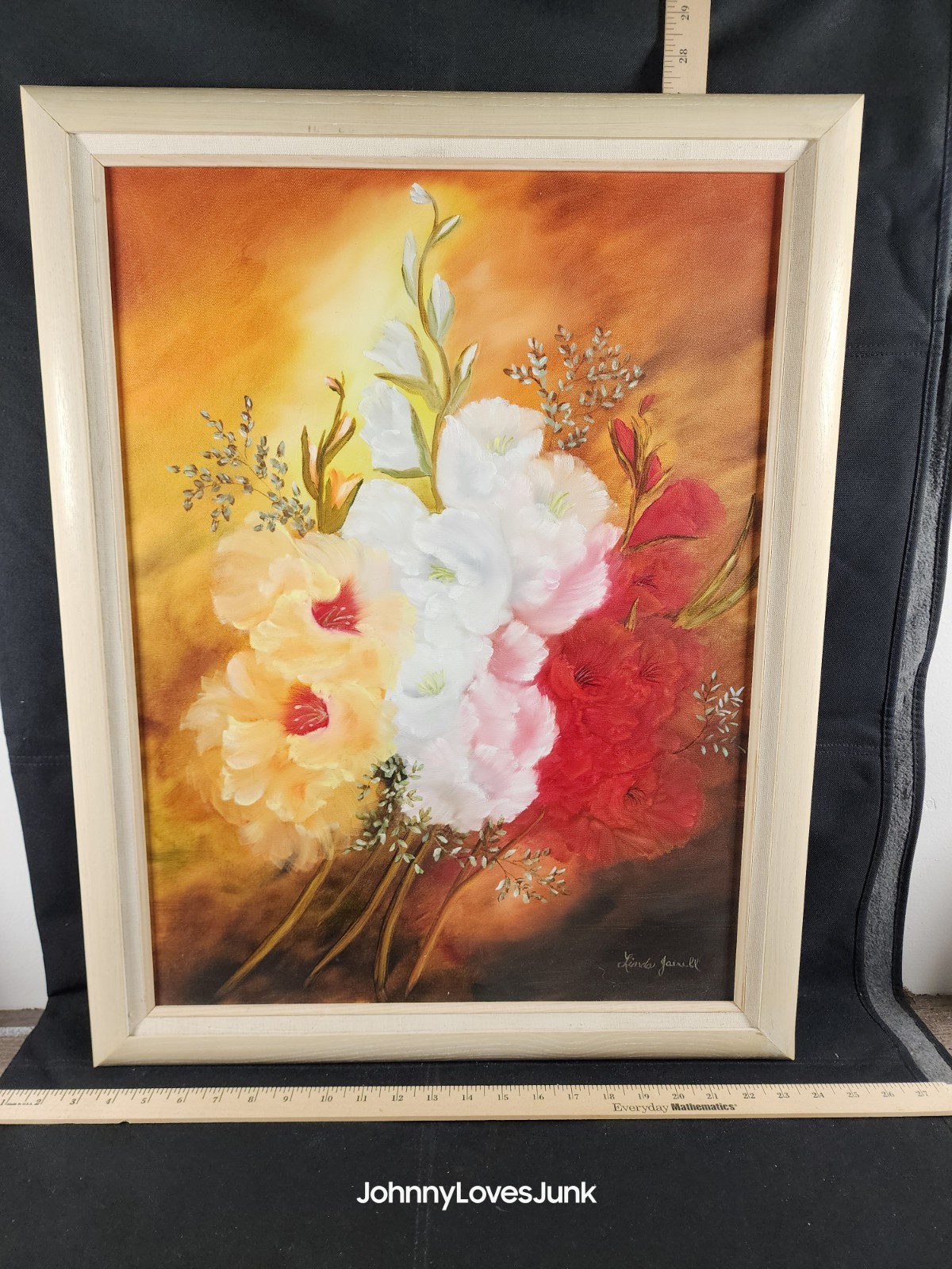 Vintage Oil On Canvas Painting Framed Signed Linda Jarrell Floral Still Life 