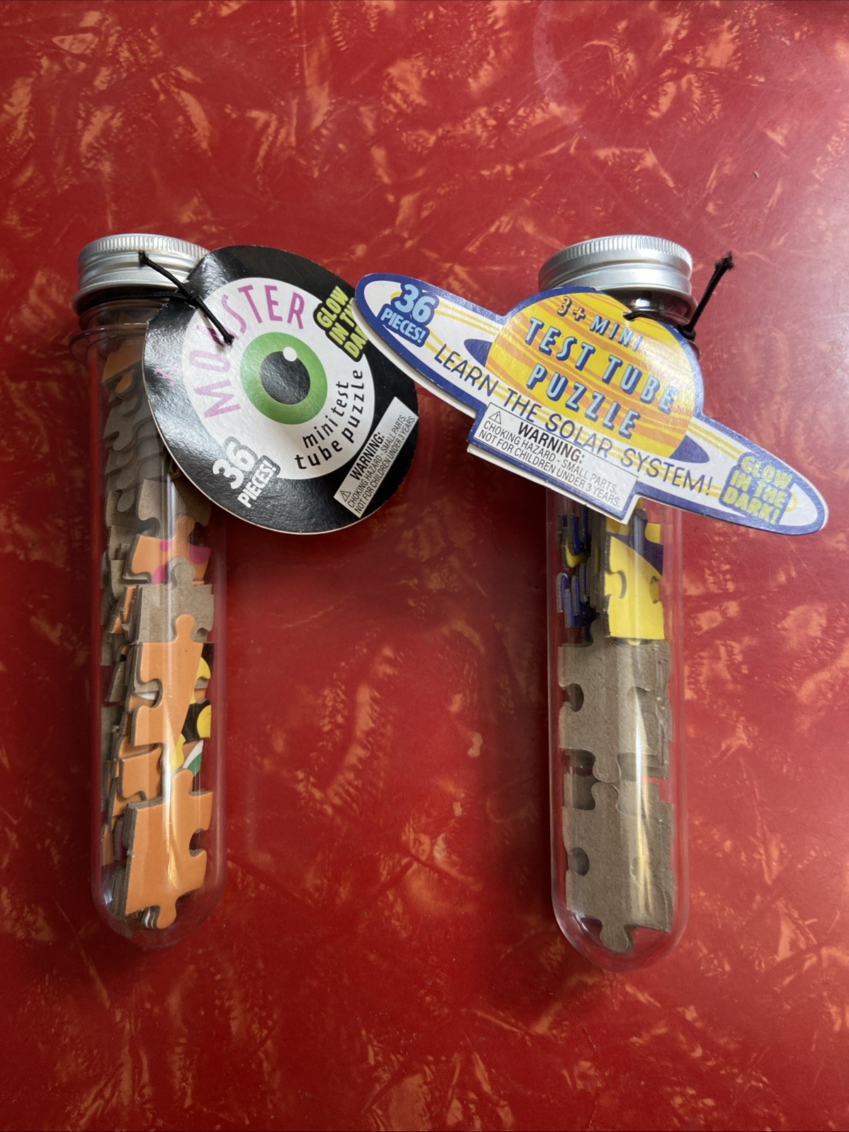 Lot of 2 Mini Test Tube Puzzles 36 Pc Glow in the Dark - Monster & Solar System