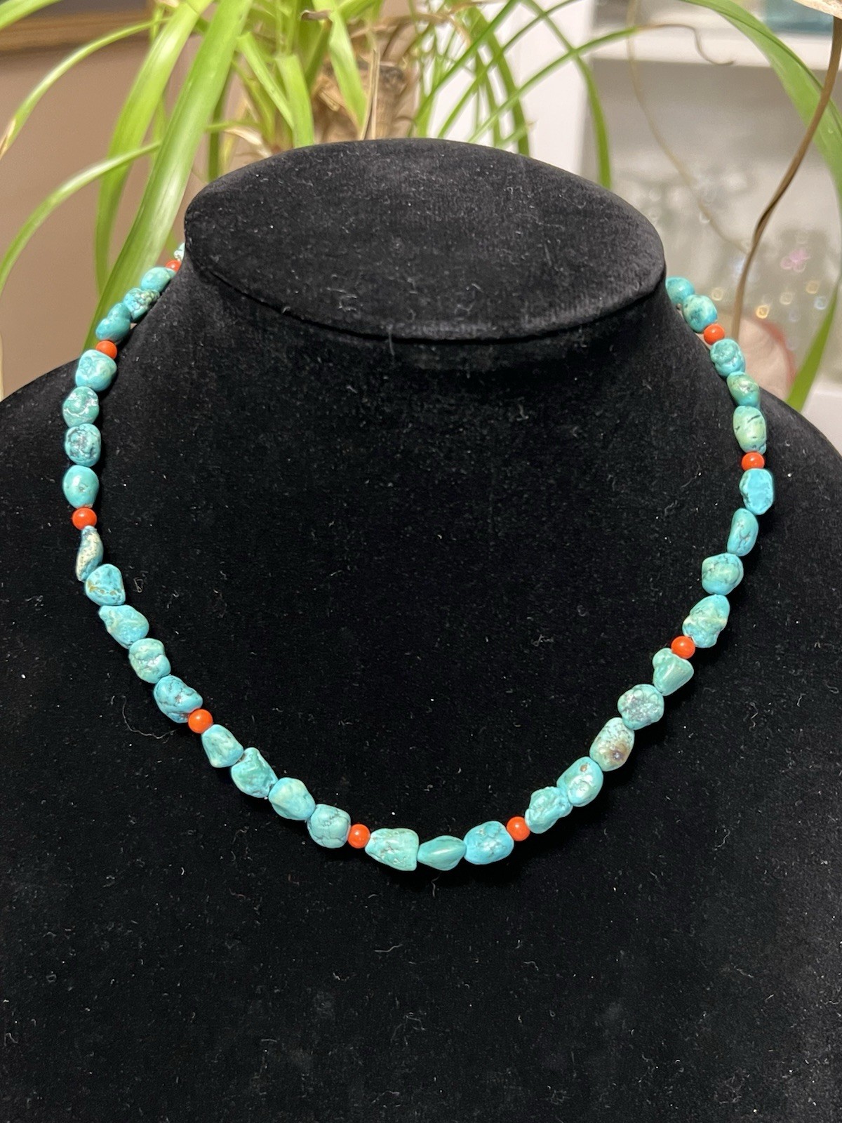 SOUTHWESTERN NATIVE CORAL TURQUOISE STONE NECKLACE 17.75” STERLING 925